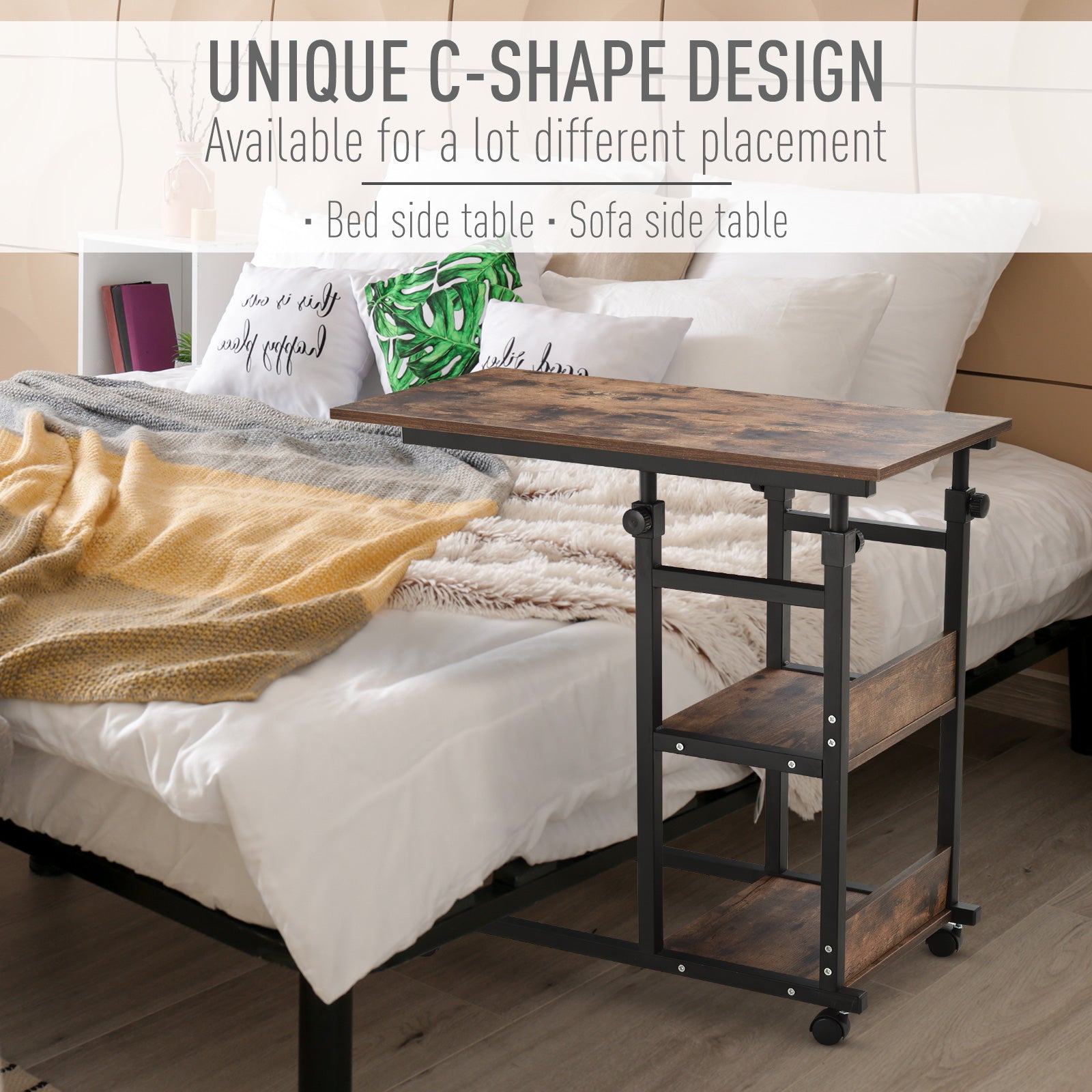 Rustic wood grain Cshape side table with adjustable height and wheels perfect for bedside use