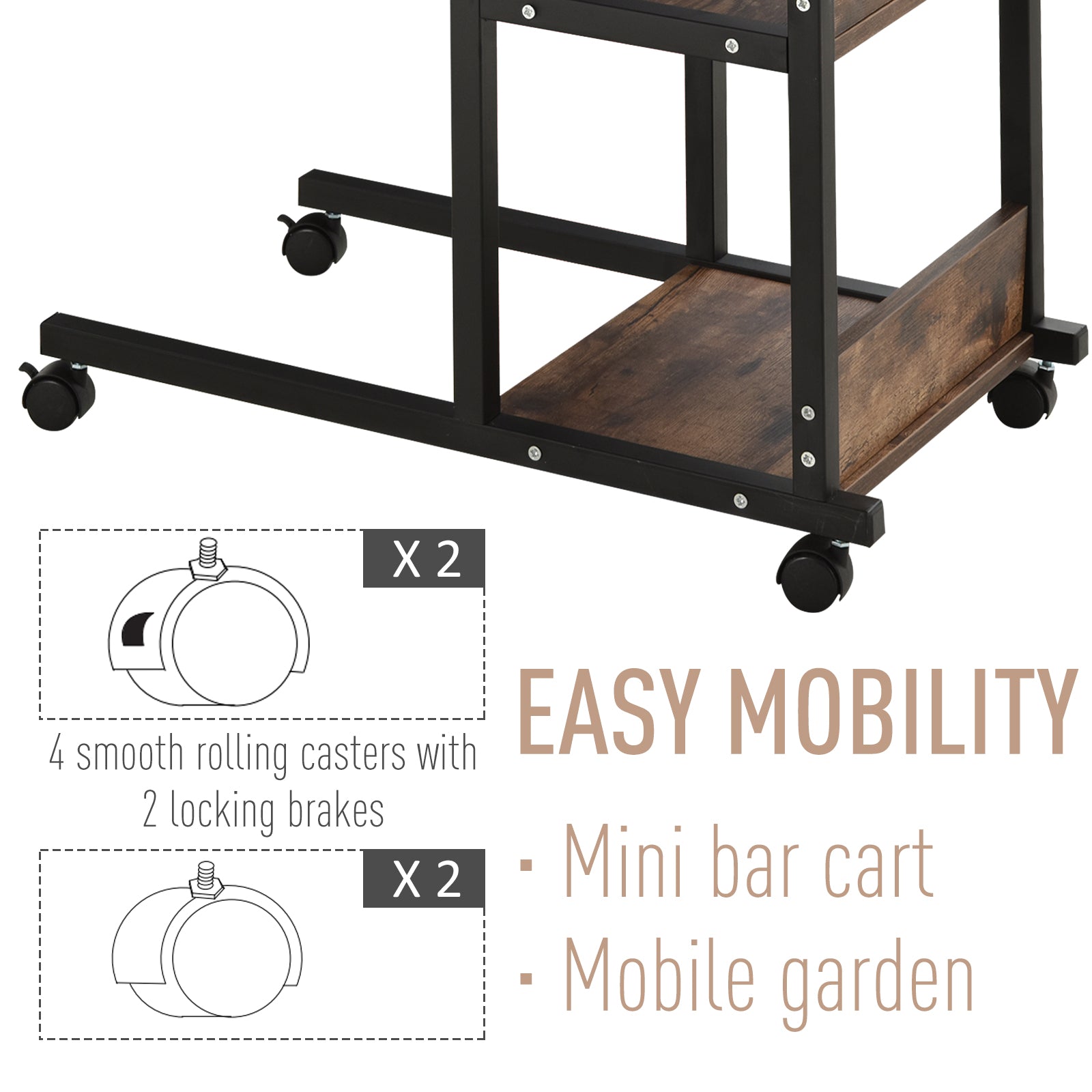 Industrial style rolling bar cart with dark wood shelves and black metal frame  casters