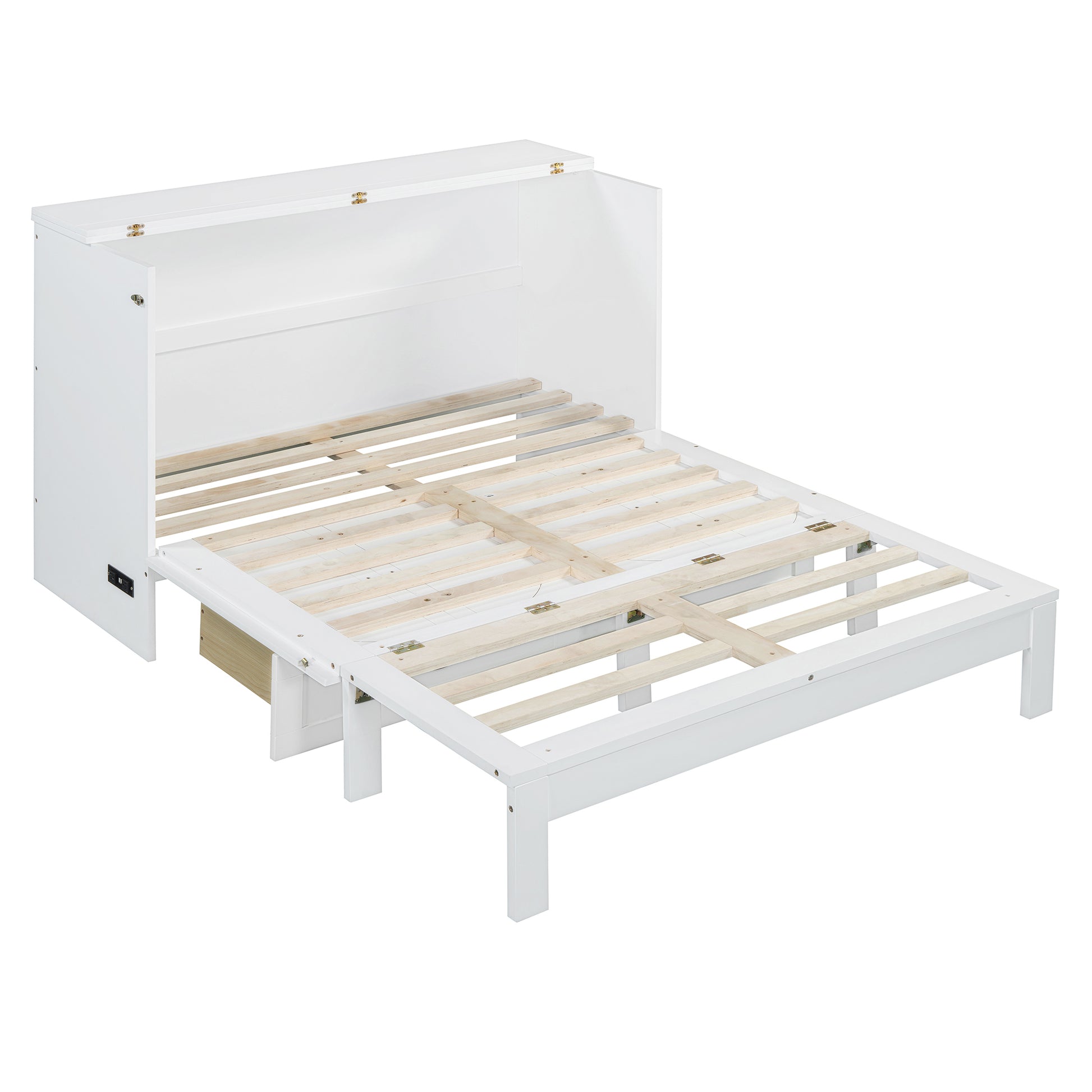 White murphy bed frame with open wooden slats for mattress support