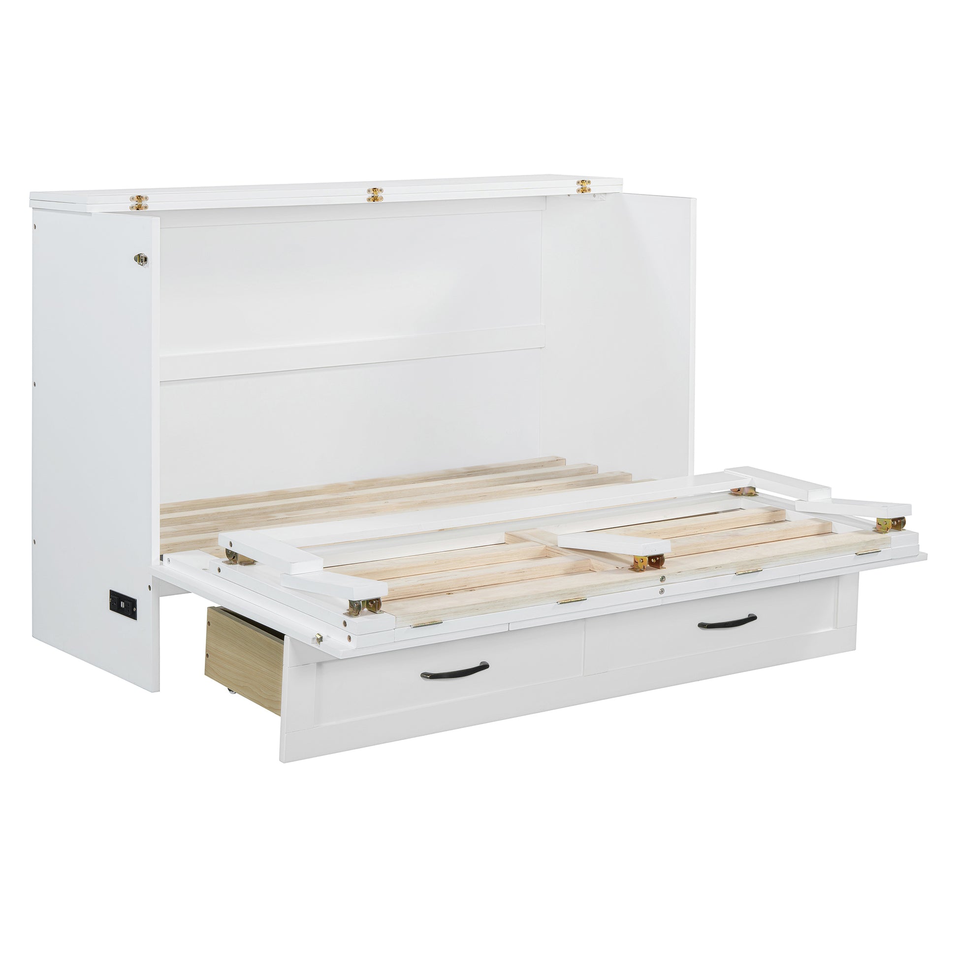White murphy bed frame partially open