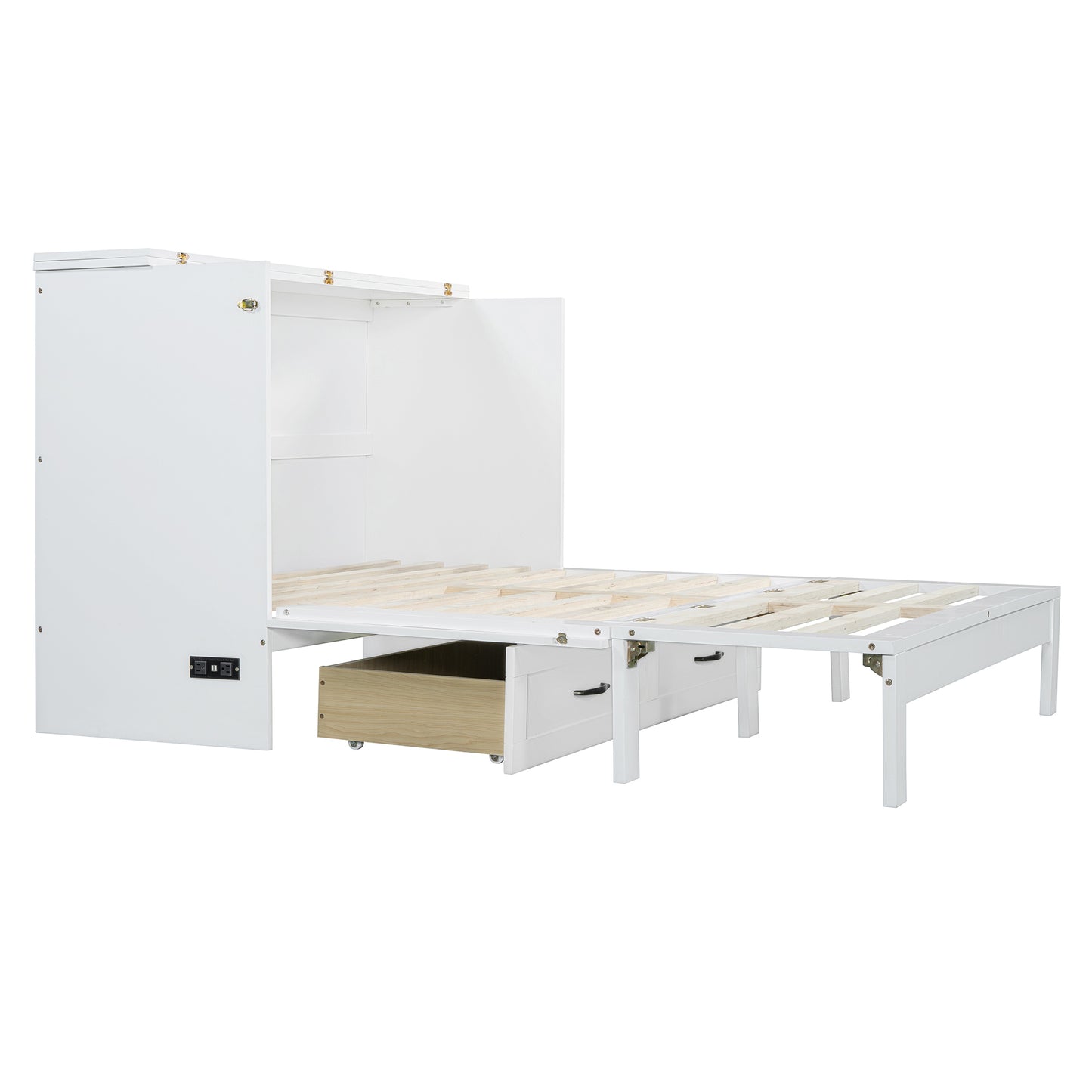 White Murphy bed frame with integrated wooden drawers and slats