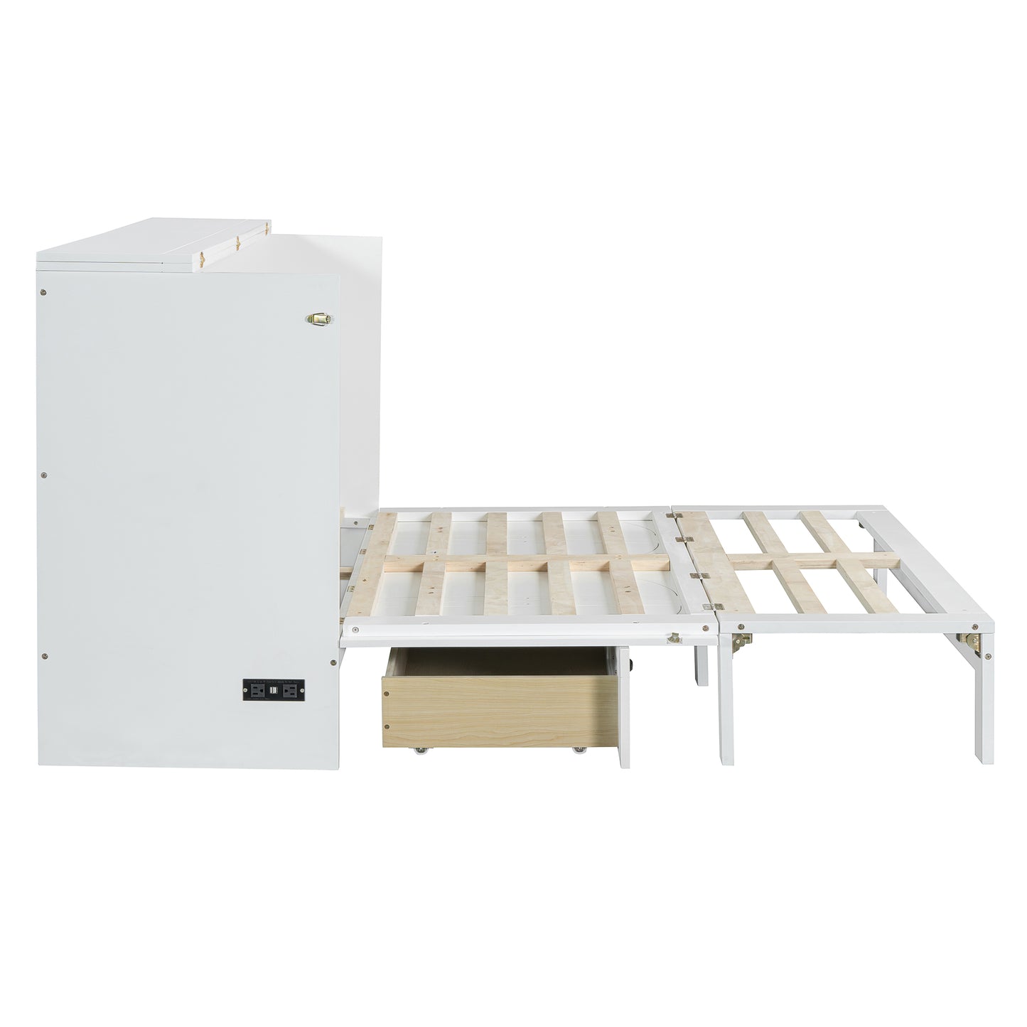 White murphy bed frame extended with slatted mattress support