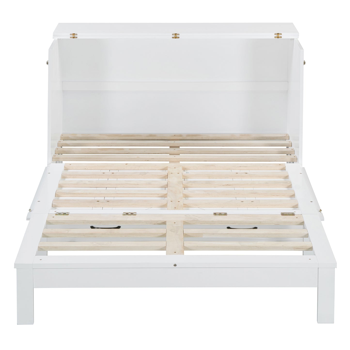 Open white Murphy bed frame with wooden slats and metal support hinges