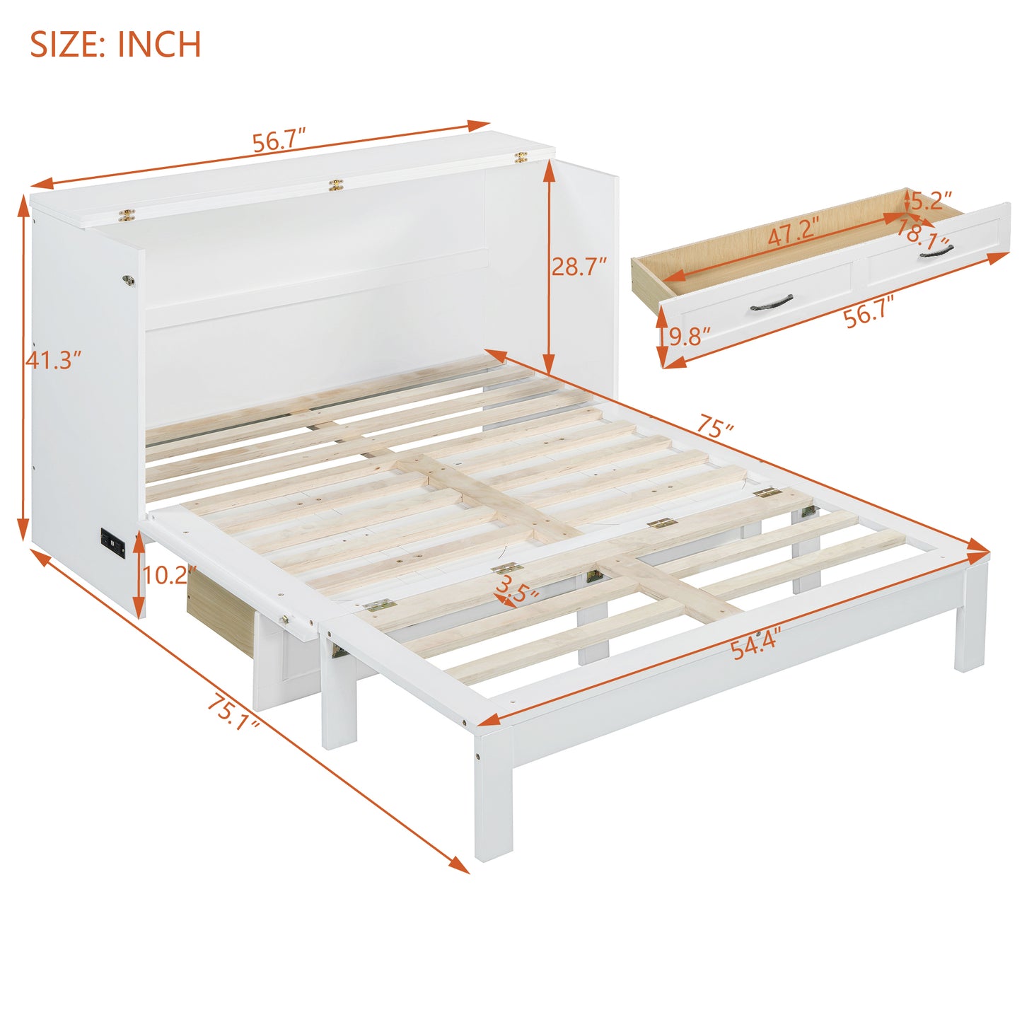 White Murphy bed frame with dimensions shown