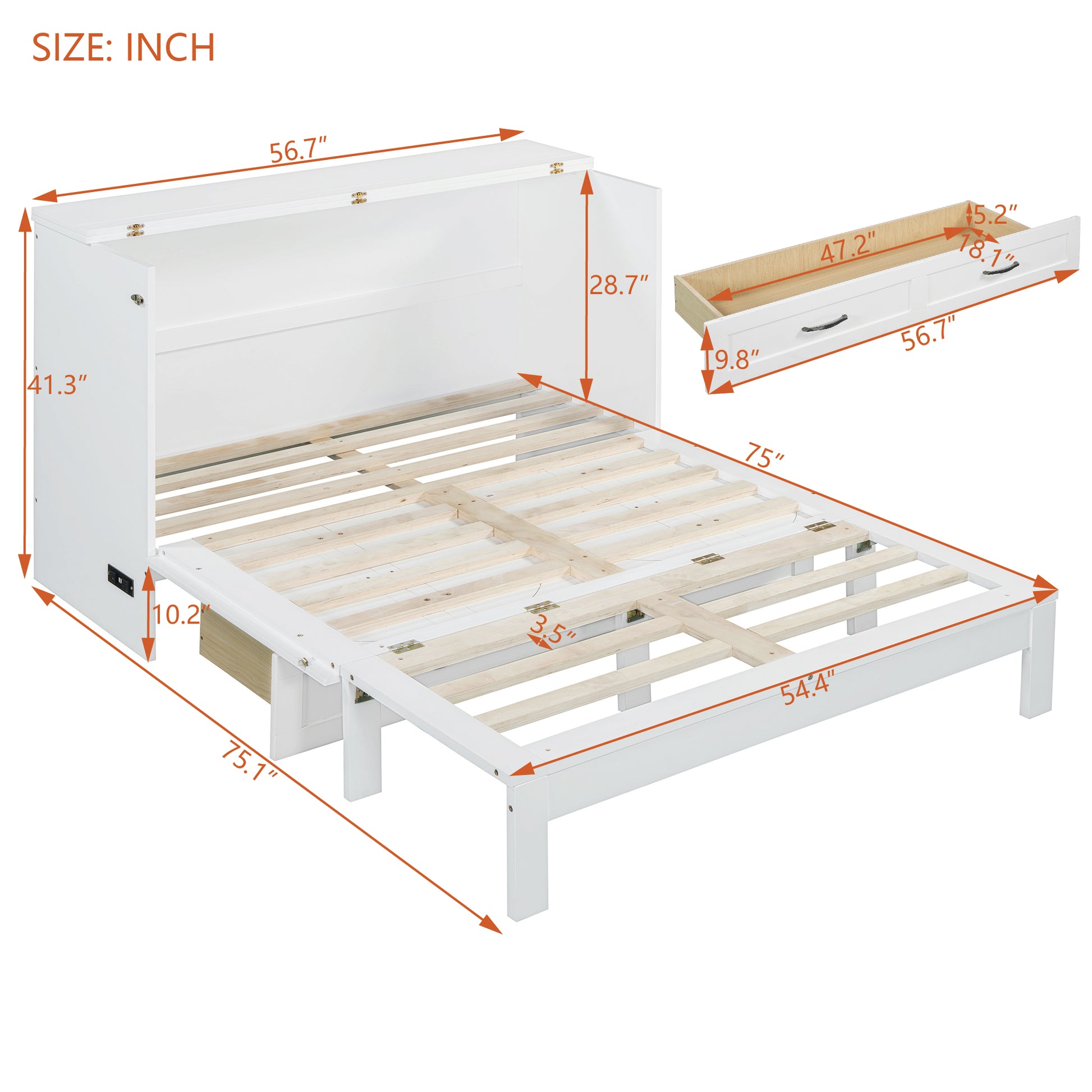 White Murphy bed frame with dimensions shown