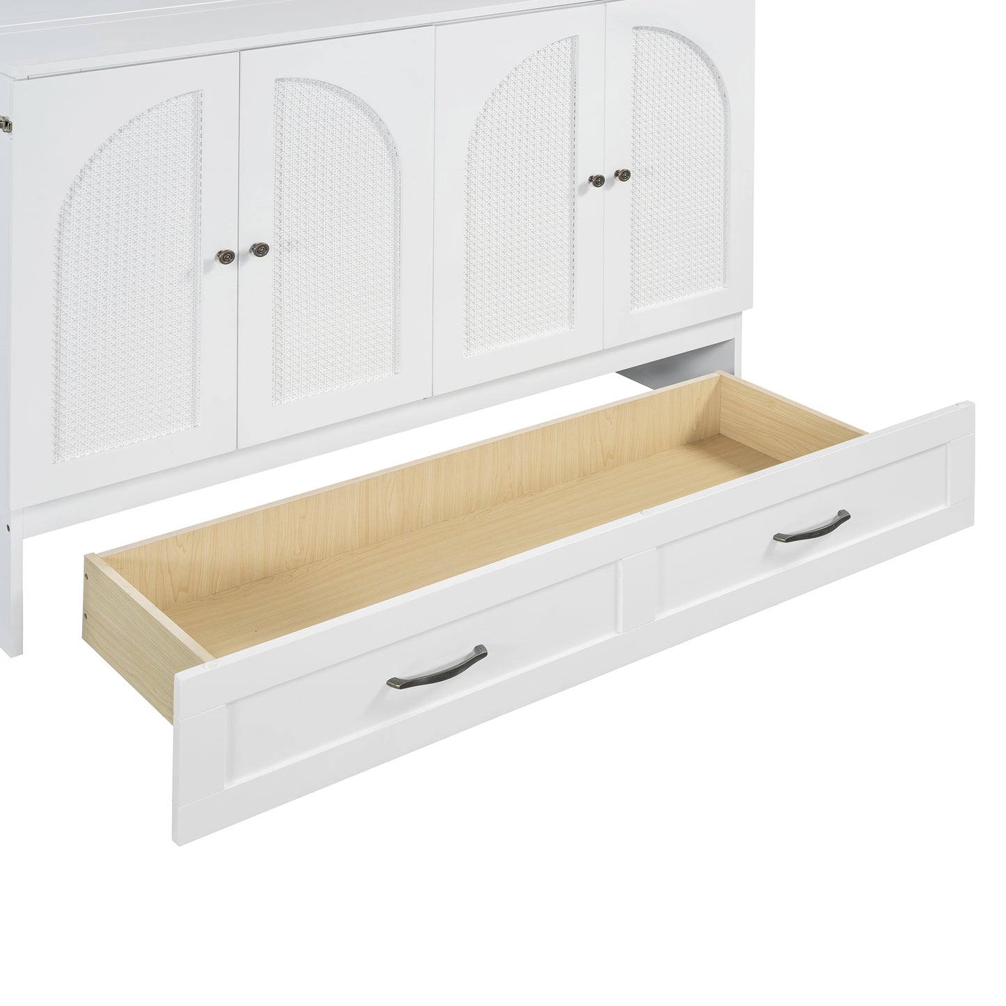 White cane arch cabinet with exposed wooden drawer