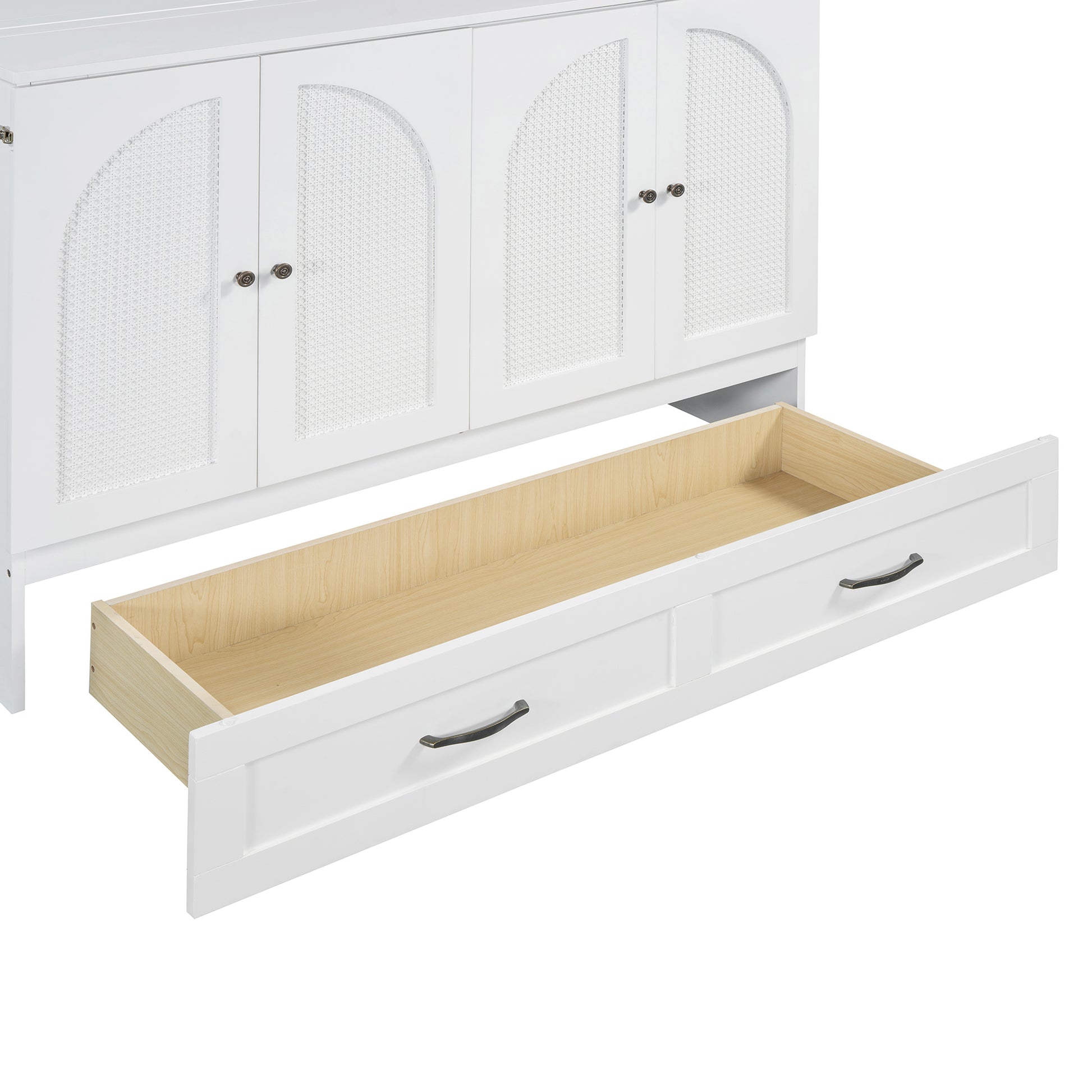 White cane arch cabinet with exposed wooden drawer