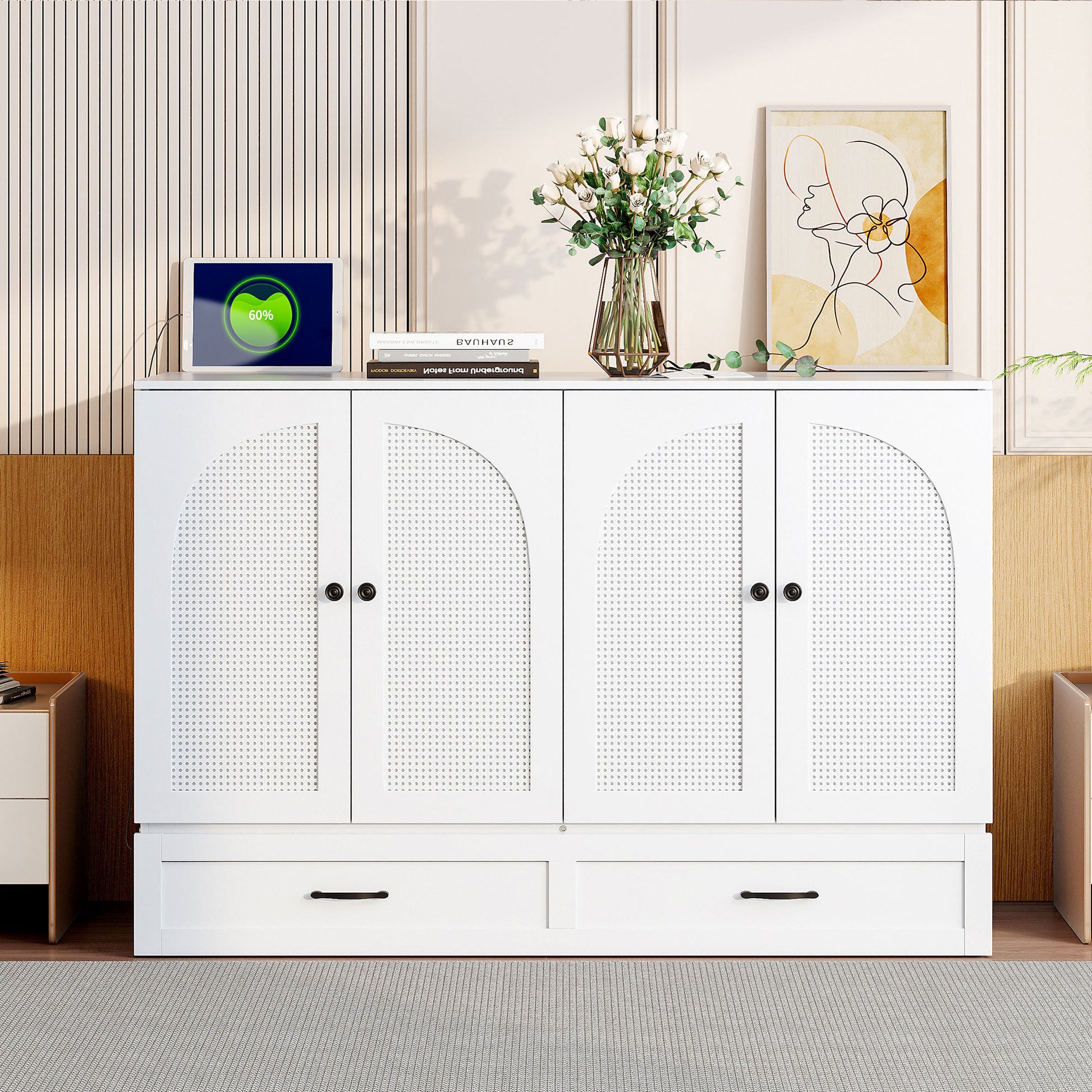 White rattan cabinet with two drawers and arched caneinlaid doors