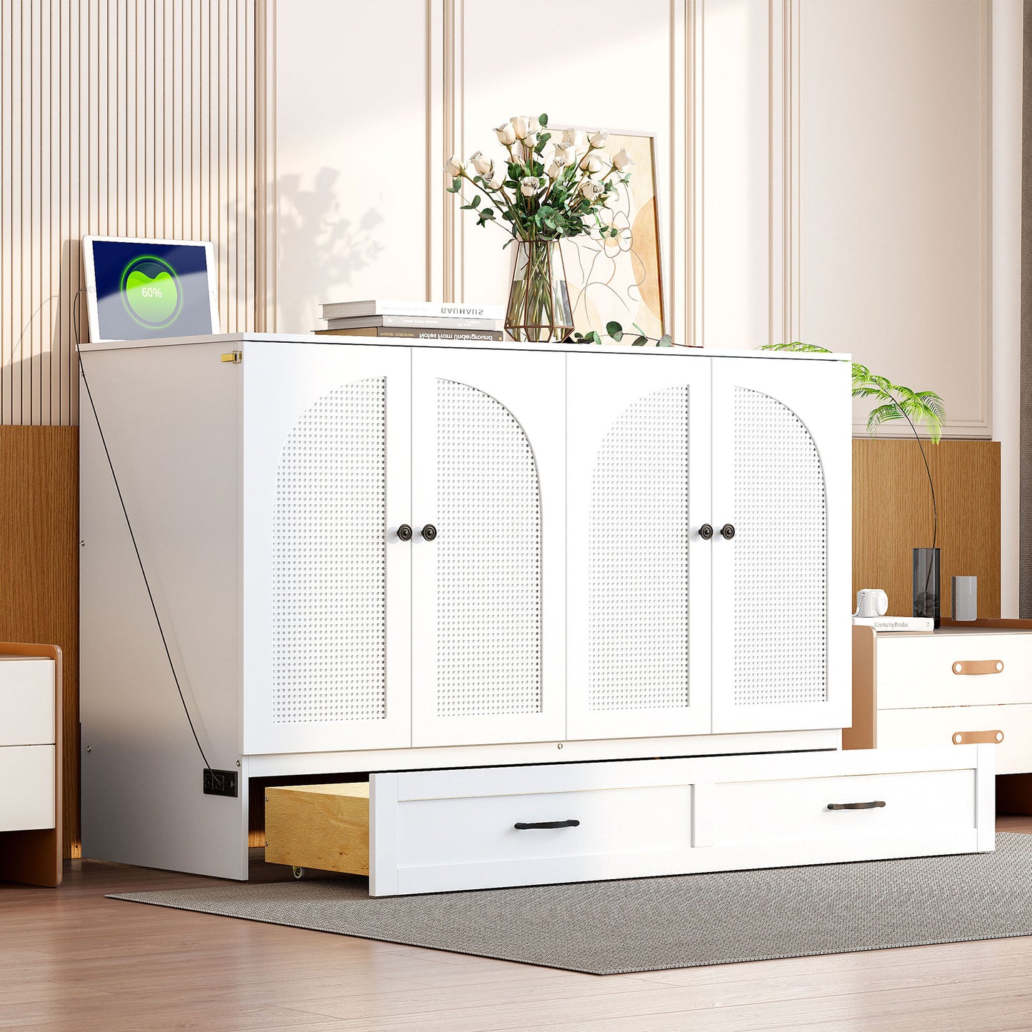 White storage cabinet with rattanstyle doors and builtin charging station