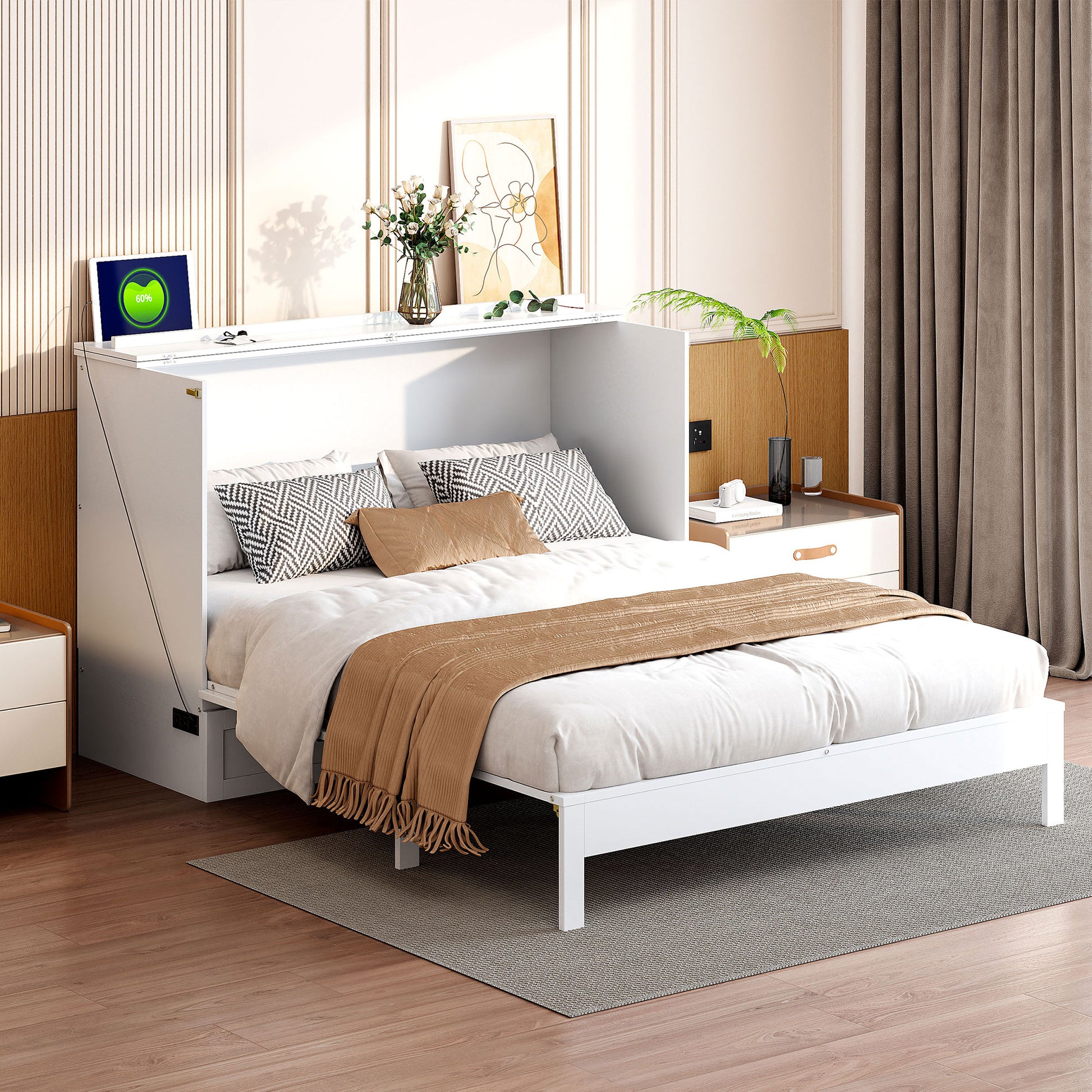 White Murphy bed with queensize mattress and textured pillows