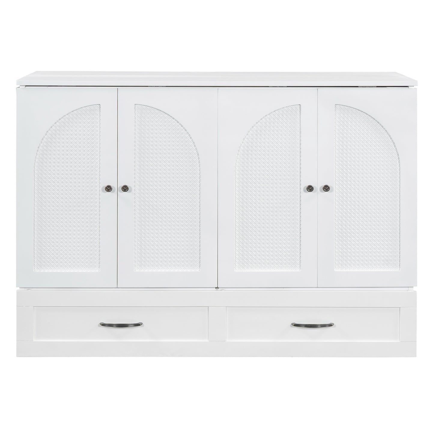 White cabinet with four arched caneinlay doors and two drawers