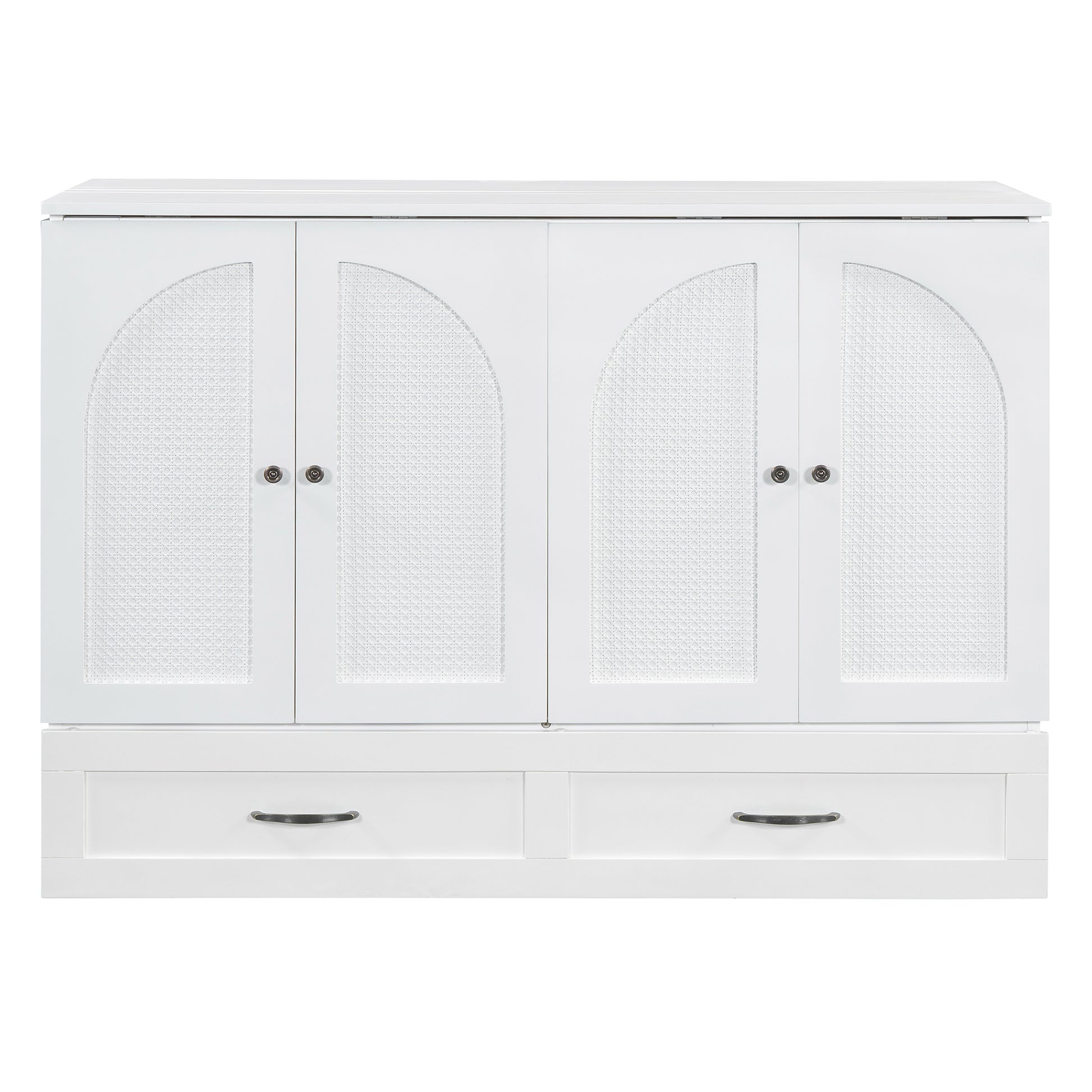 White cabinet with four arched caneinlay doors and two drawers