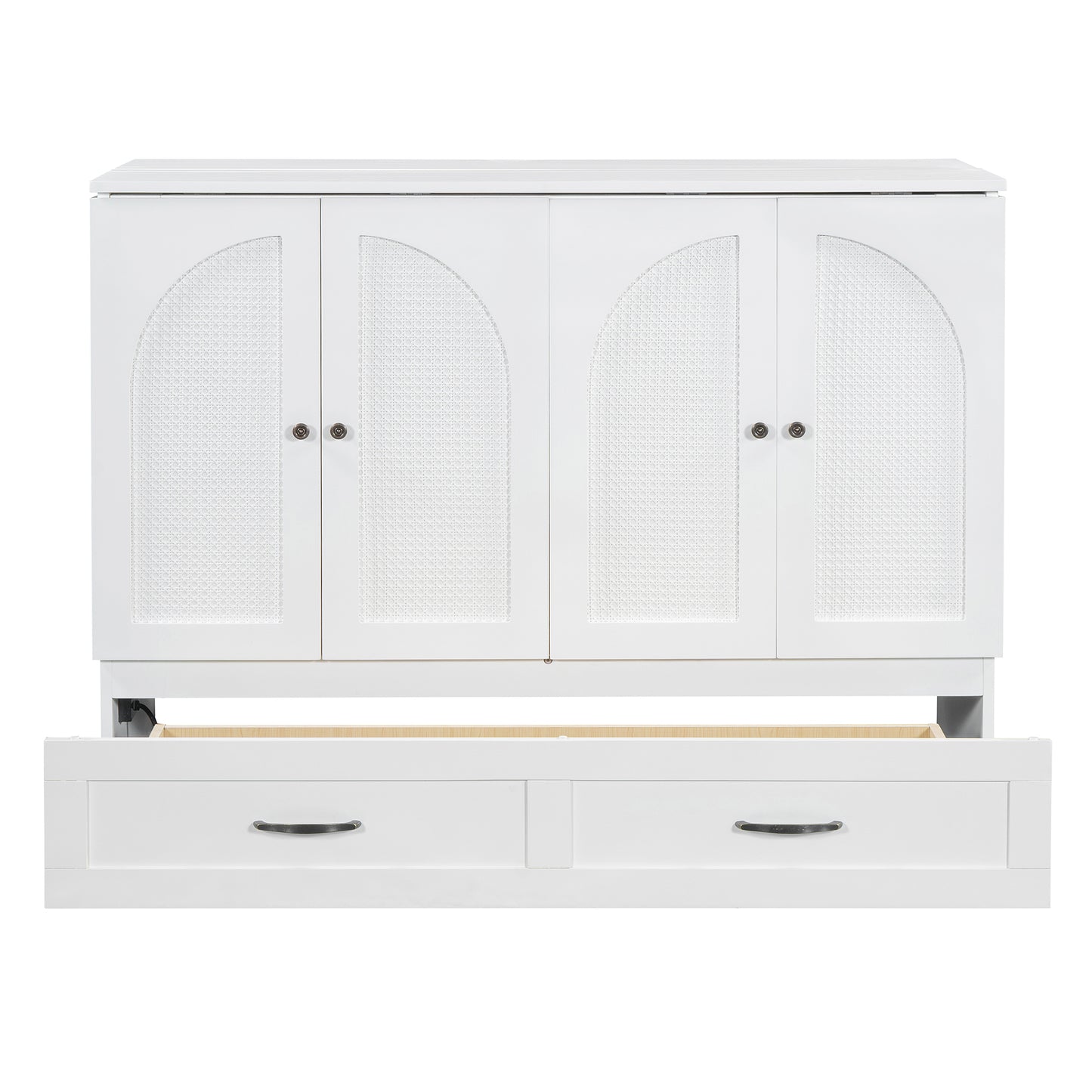 White dresser with cane inlay arch doors and two lower drawers