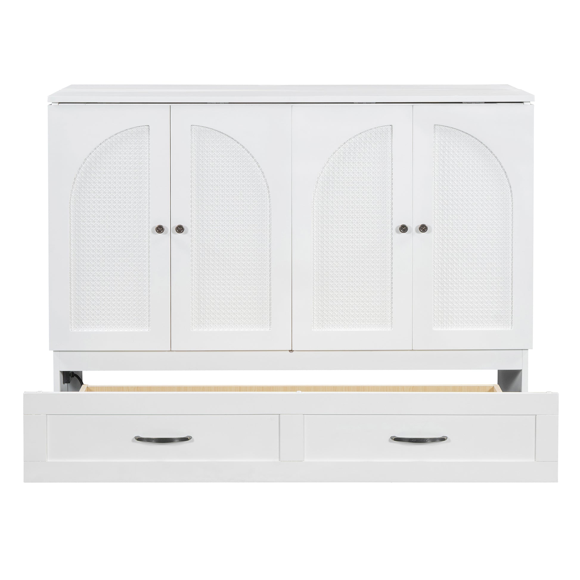 White dresser with cane inlay arch doors and two lower drawers