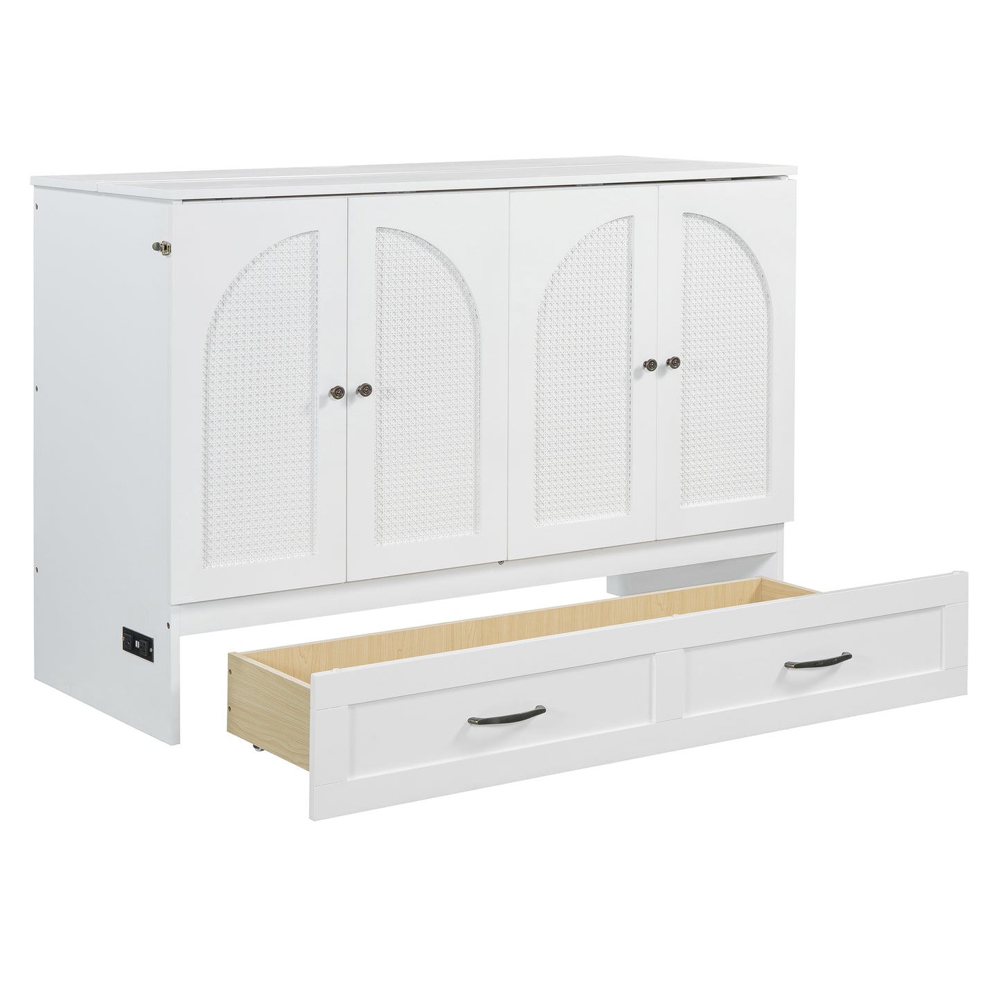 White fourdoor cabinet with woven arched inlays and two pullout drawers