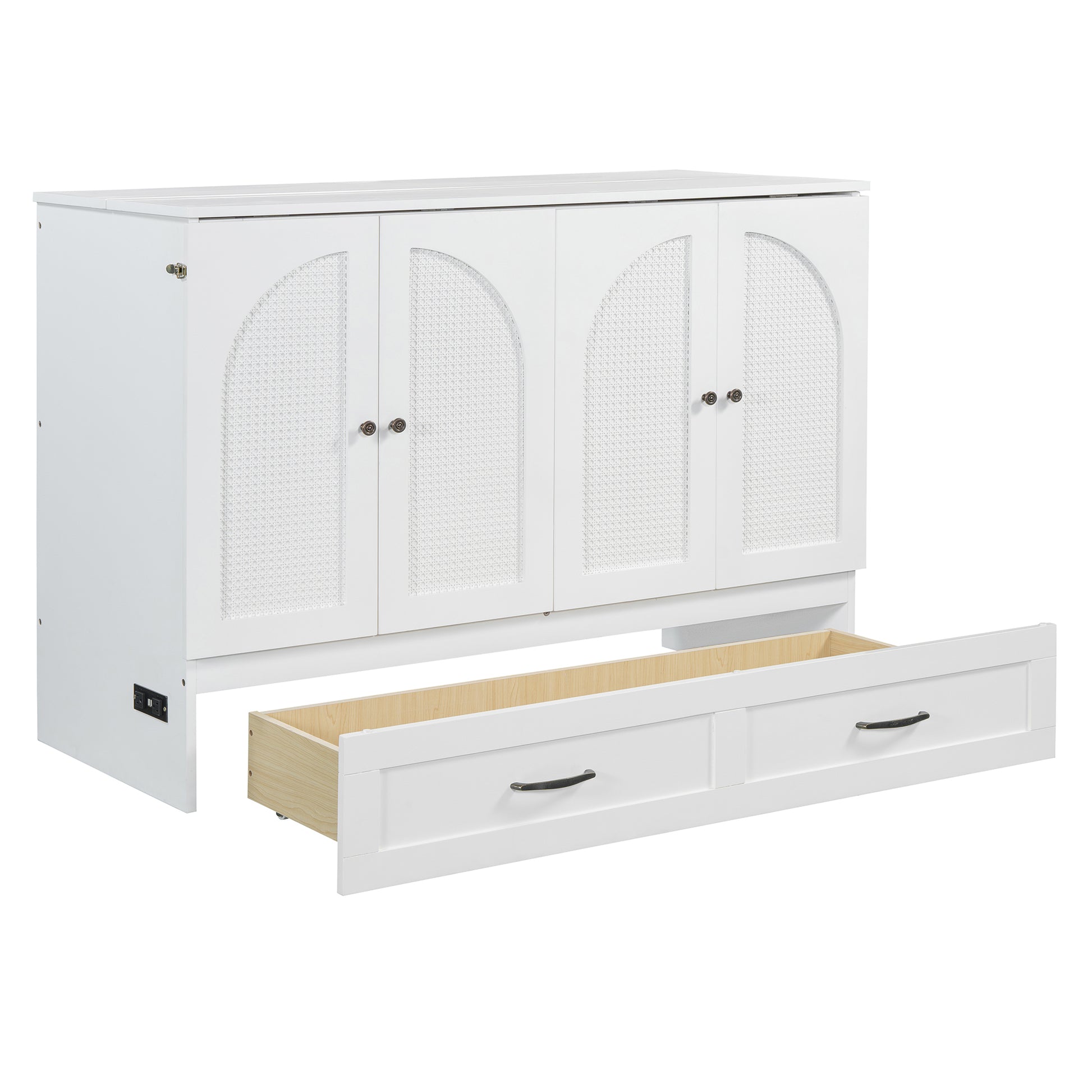 White fourdoor cabinet with woven arched inlays and two pullout drawers