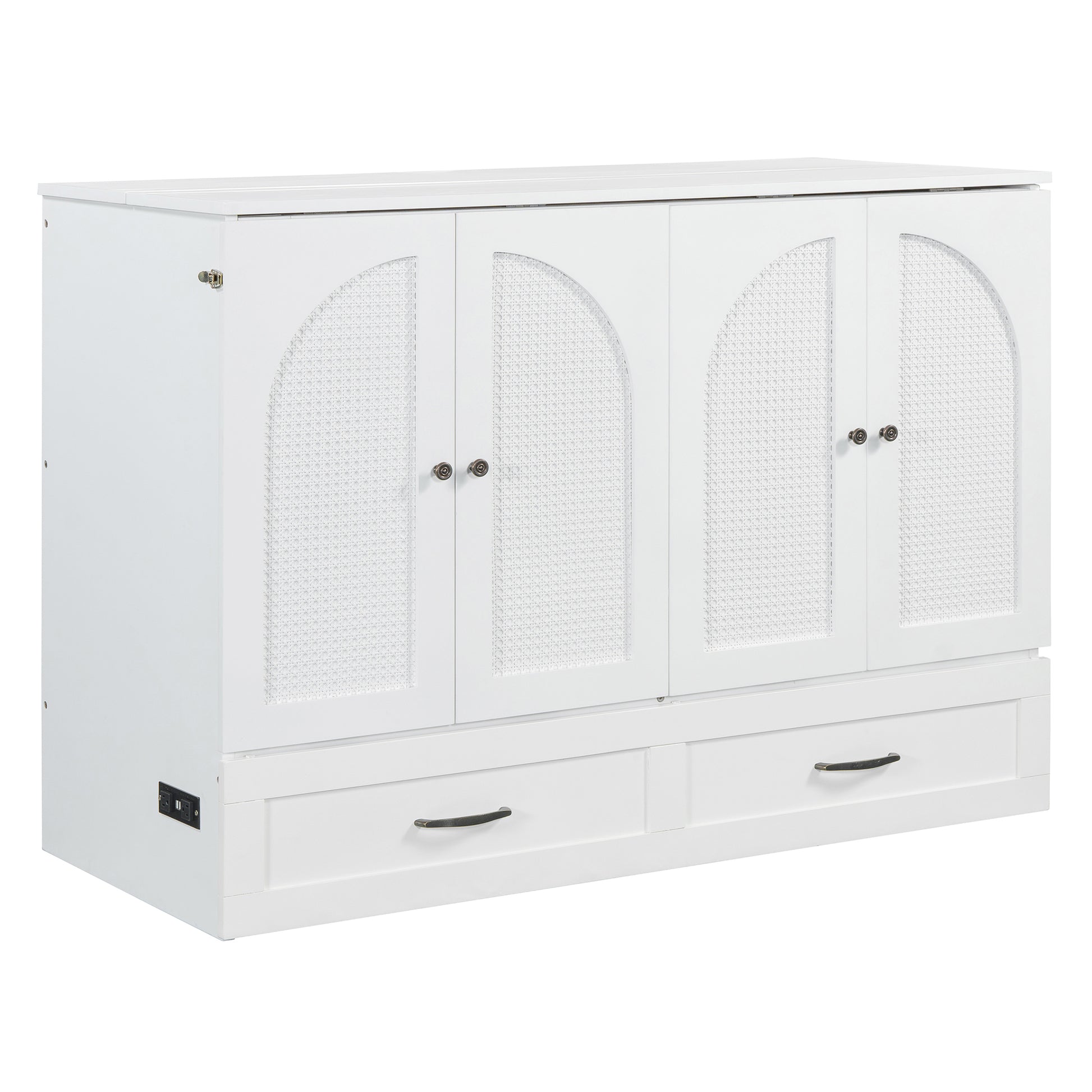 White cabinet with arched cane doors and two drawers