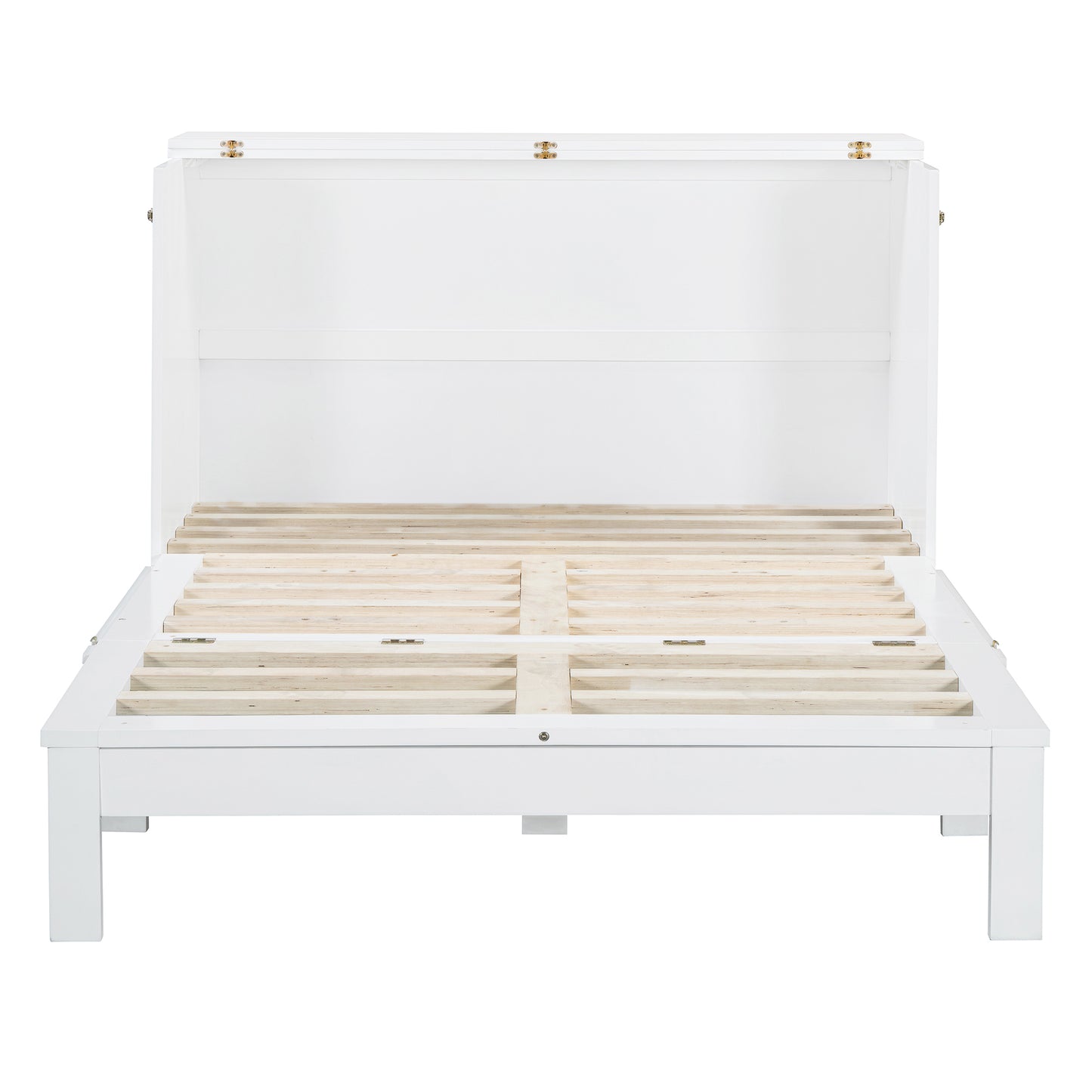 White platform bed frame with open slats and gold hinges