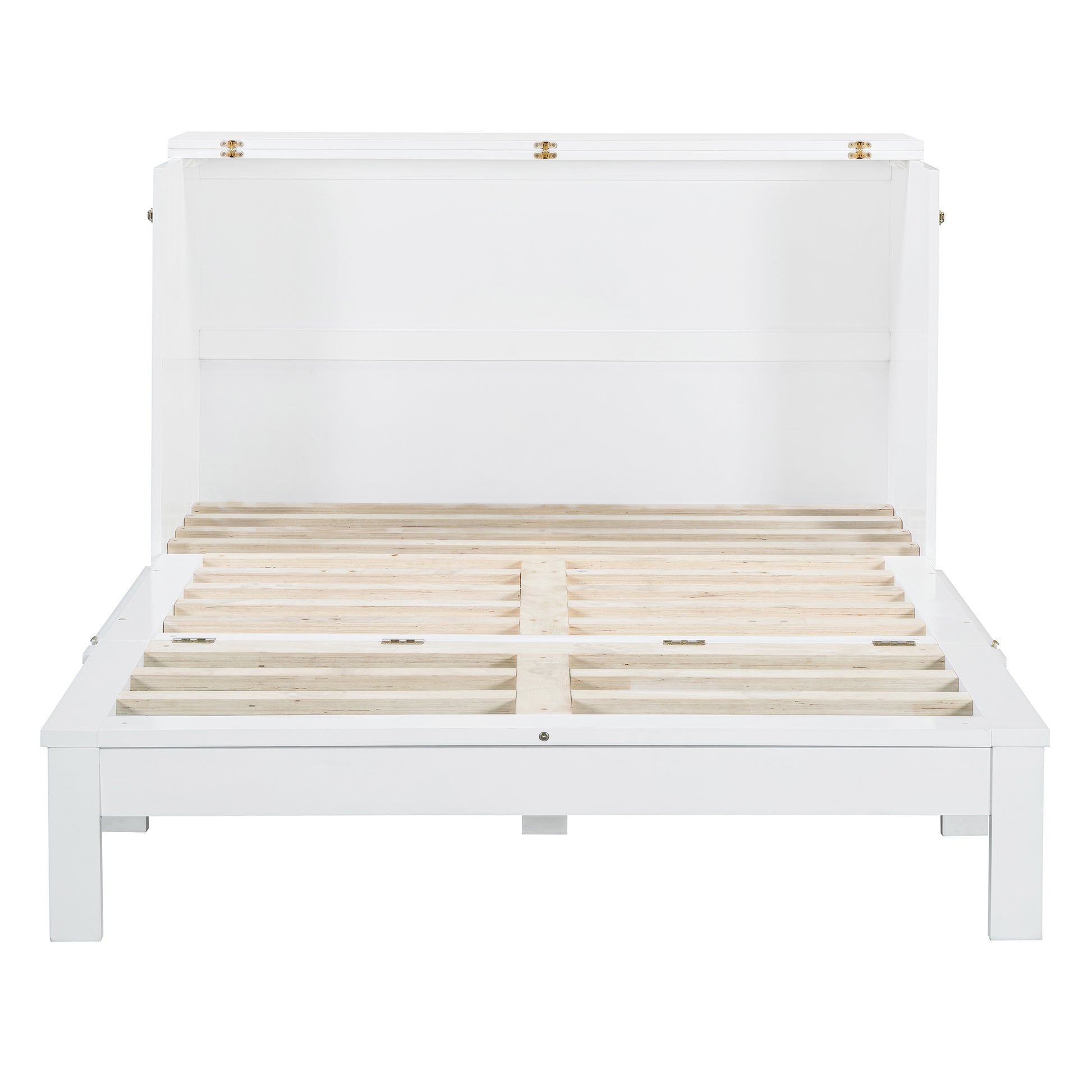 White platform bed frame with open slats and gold hinges