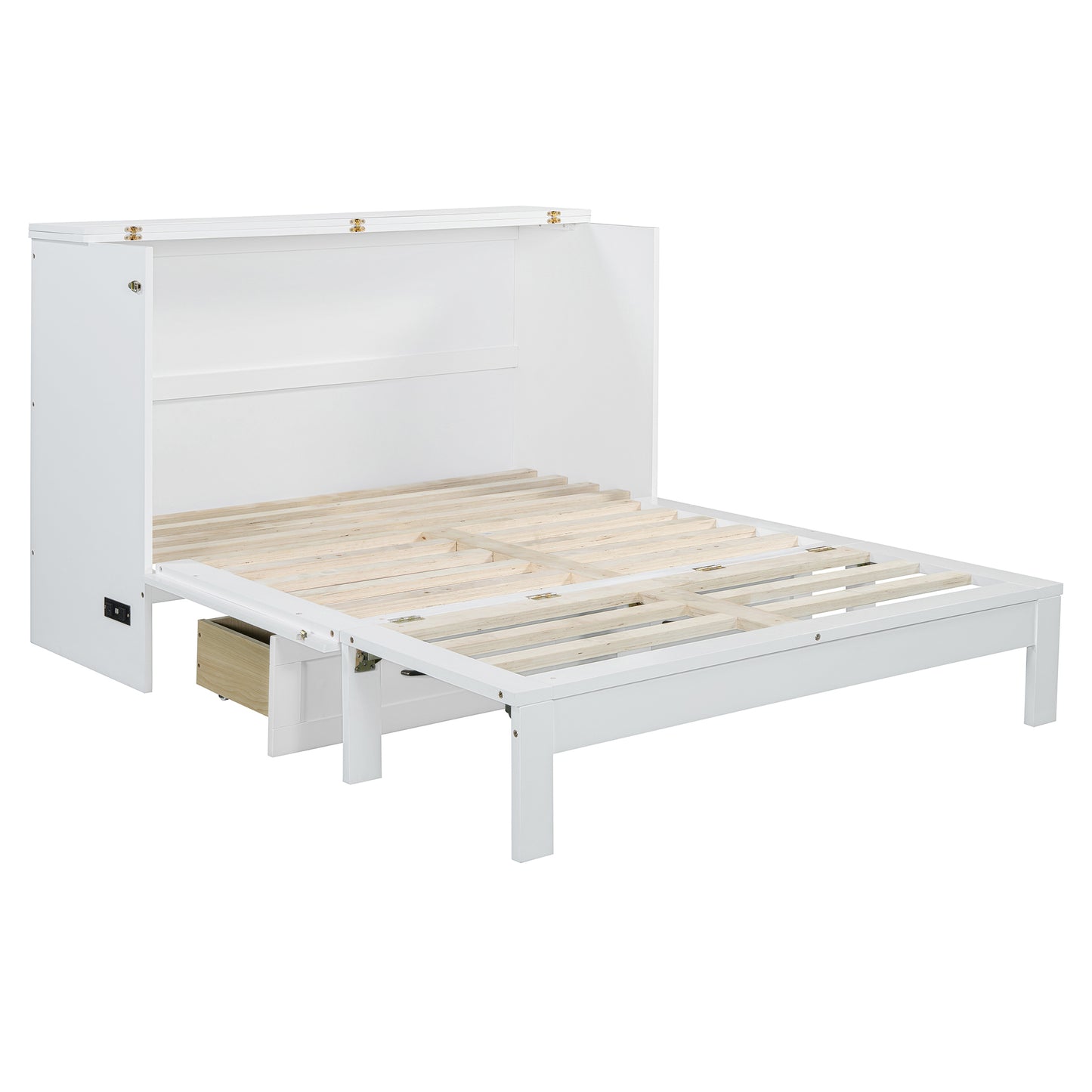 White Murphy bed frame with pullout slats and a single drawer