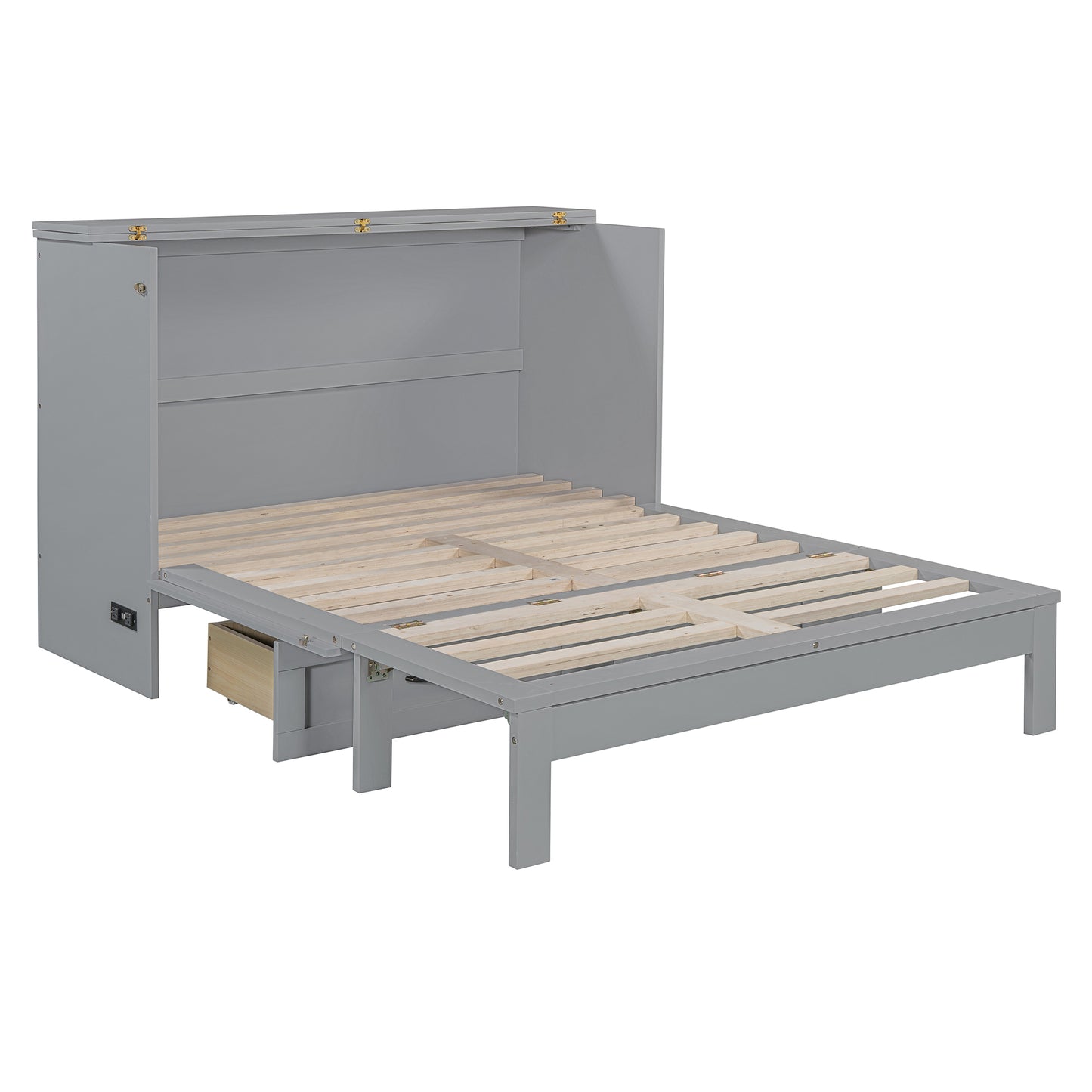 Grey murphy bed frame with open slat mattress support and builtin drawer