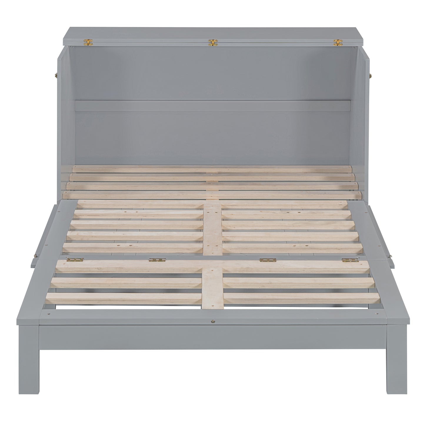 Grey storage bed frame with wooden slats and hinged lid