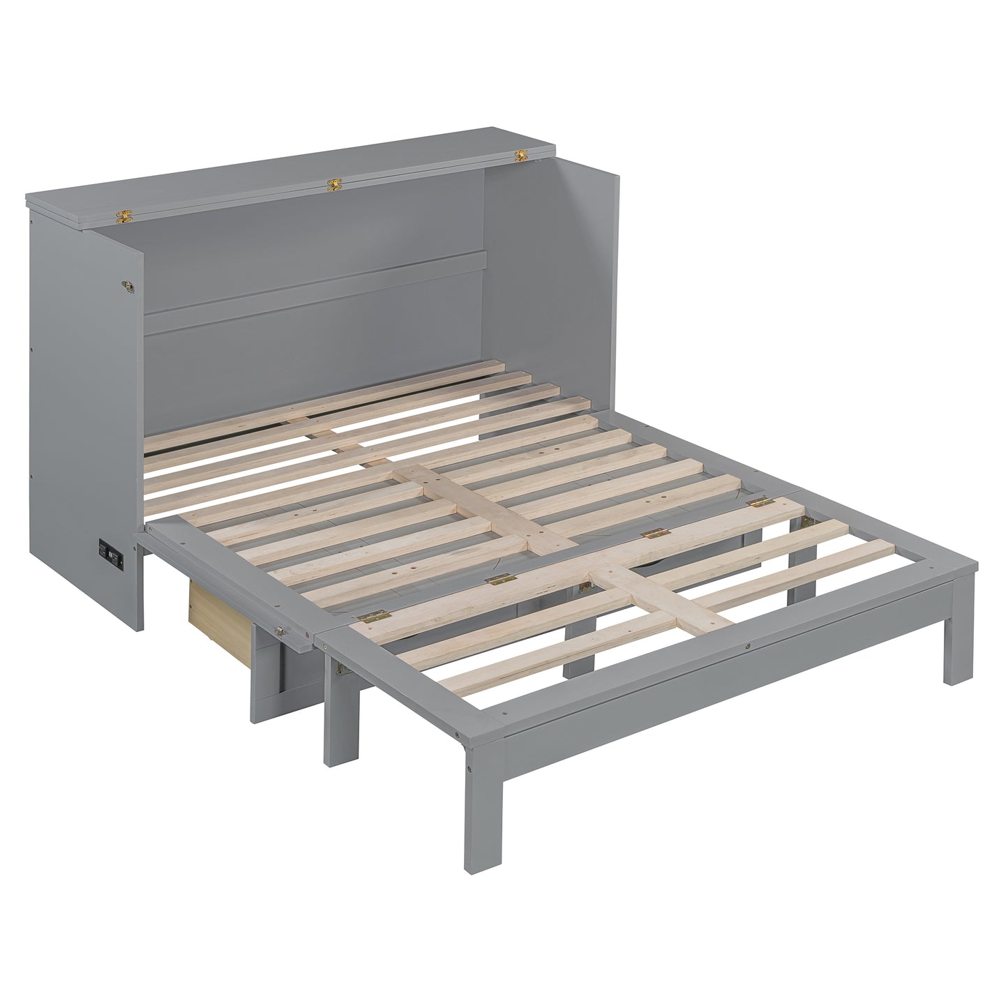 Grey murphy bed frame with open slatted base and hidden drawer pulled out