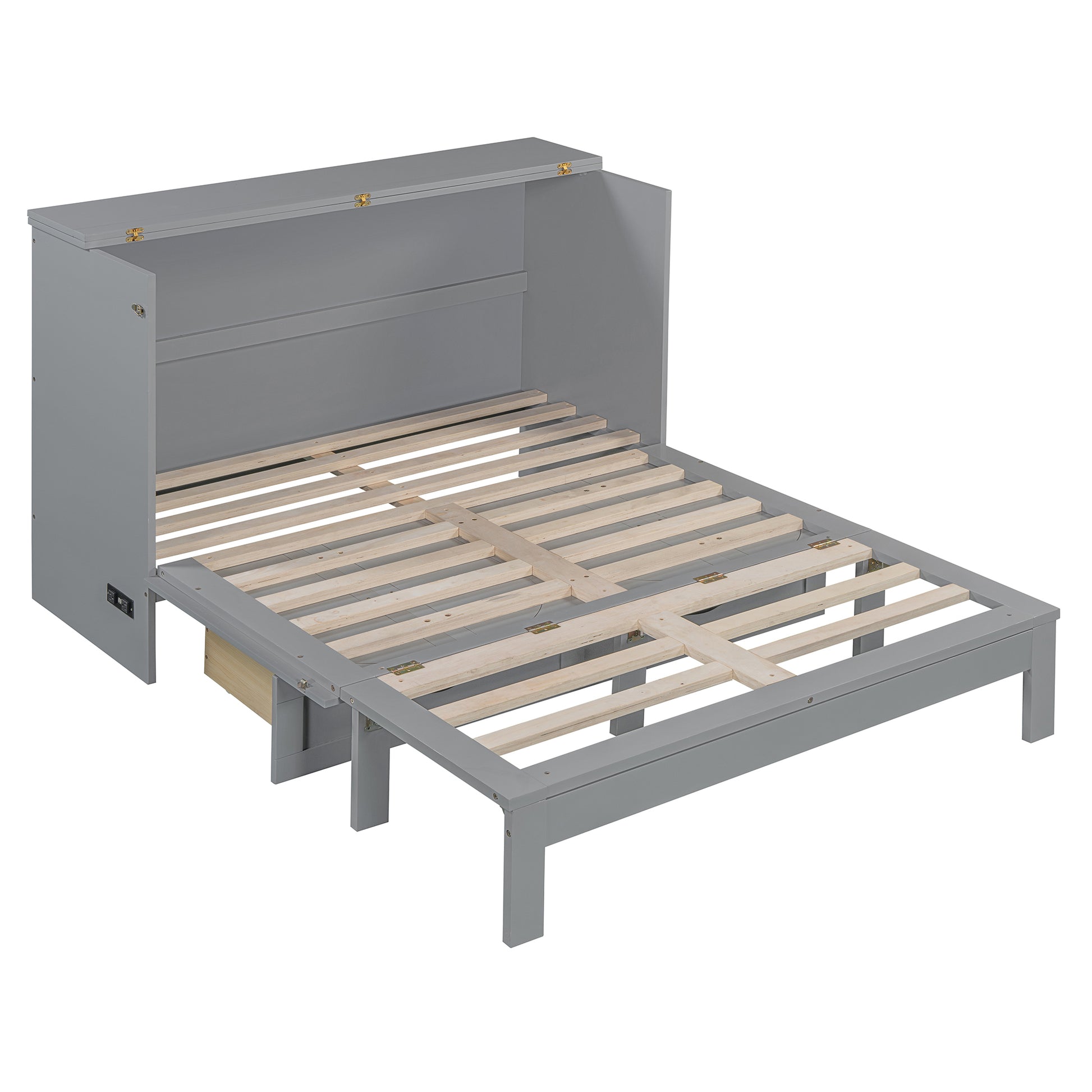 Grey murphy bed frame with open slatted base and hidden drawer pulled out