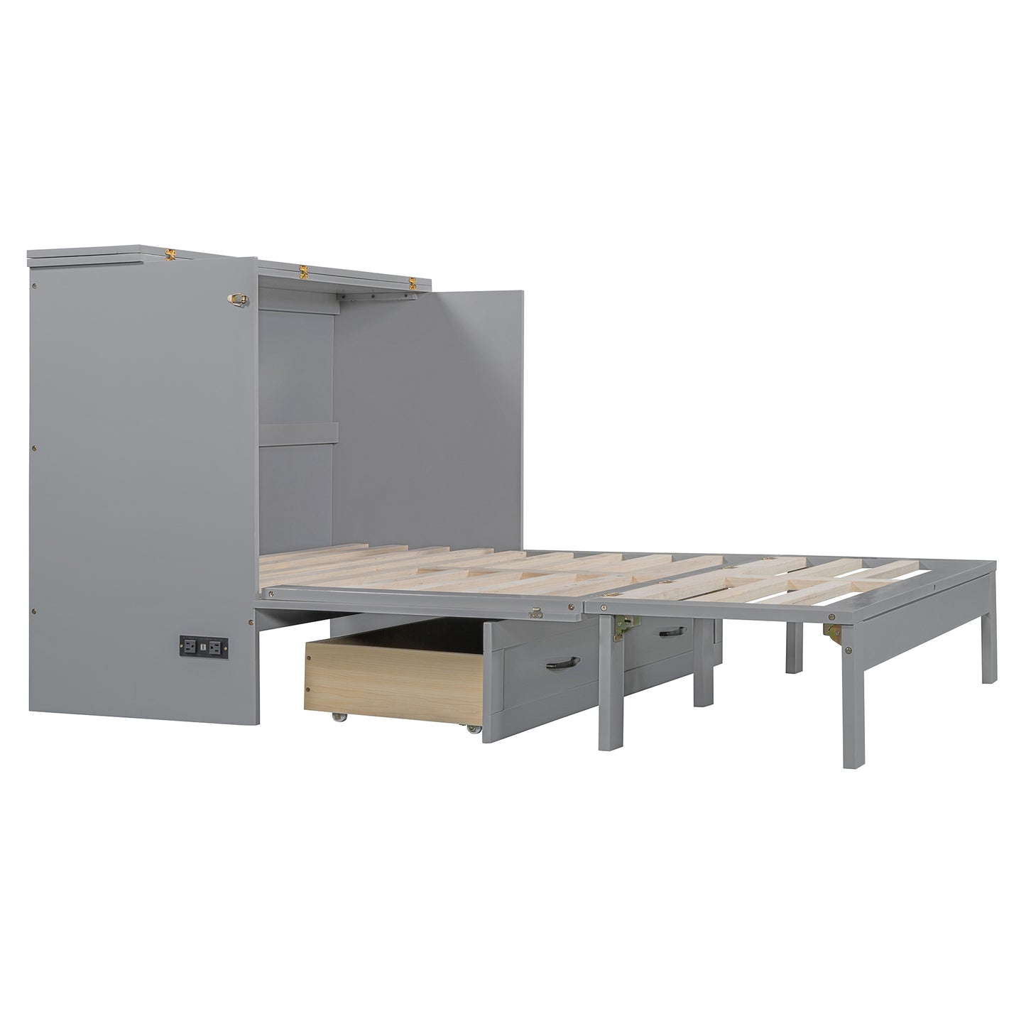 Gray murphy bed frame with slatted mattress support extended and builtin storage drawers