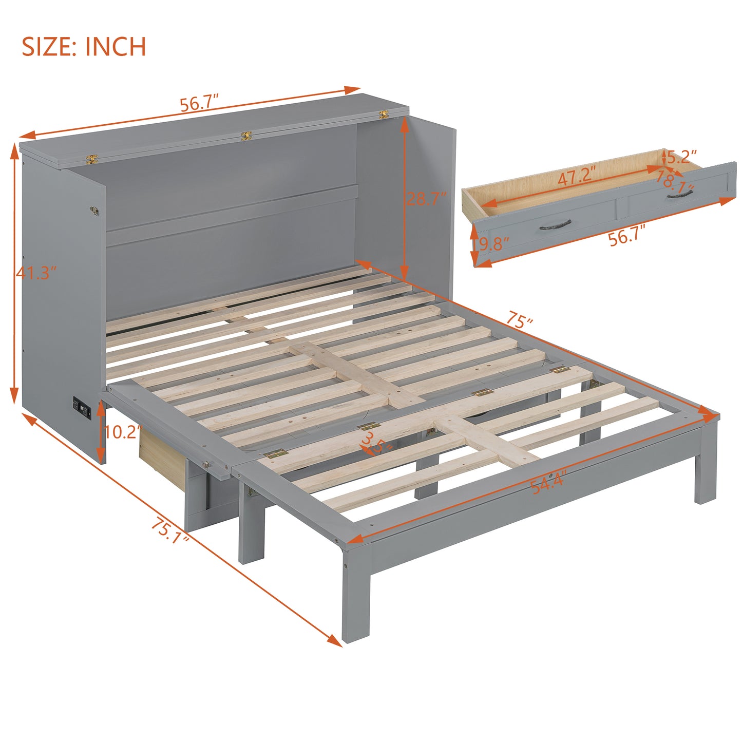 Gray Murphy bed frame with open slats