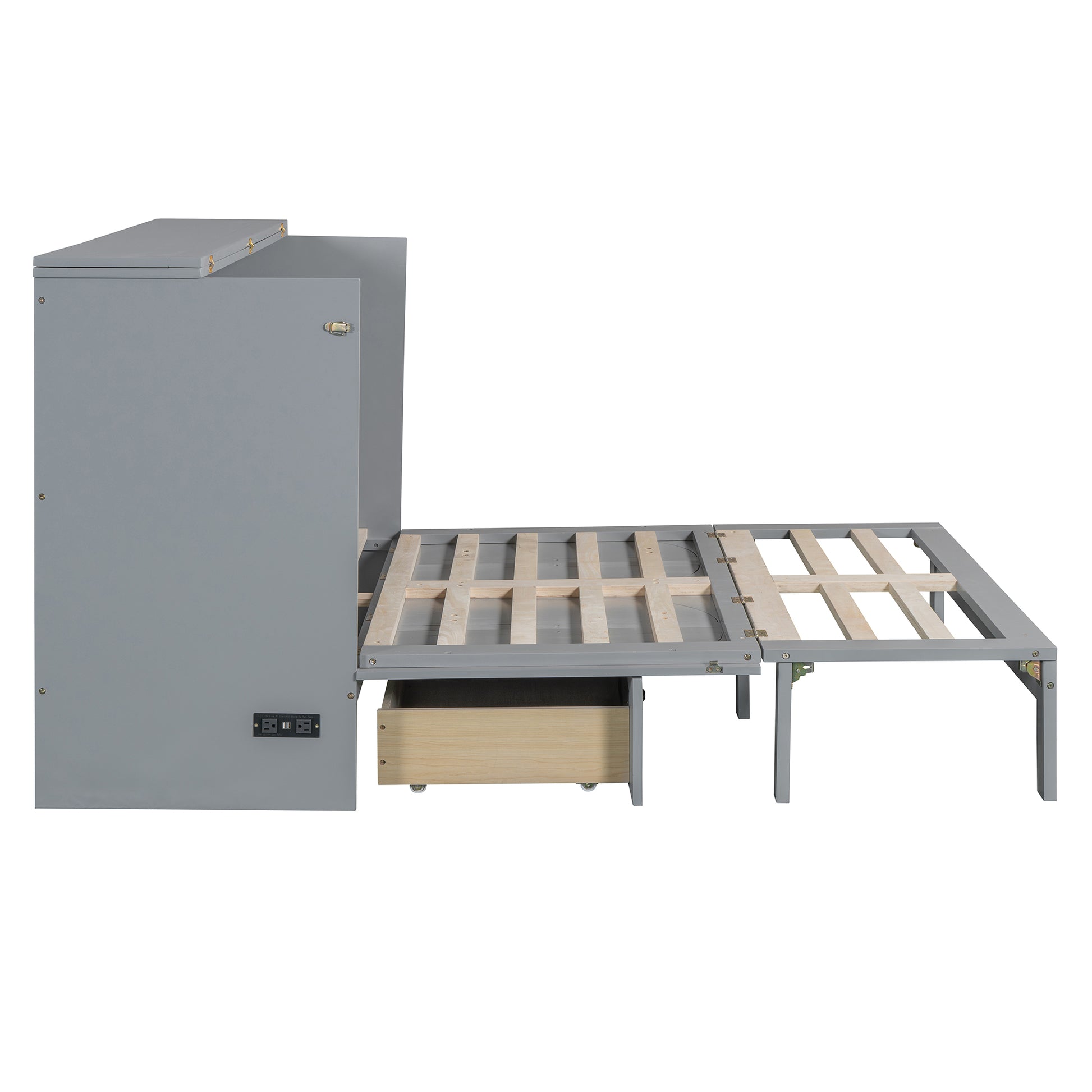 Gray wall bed frame with pullout drawer