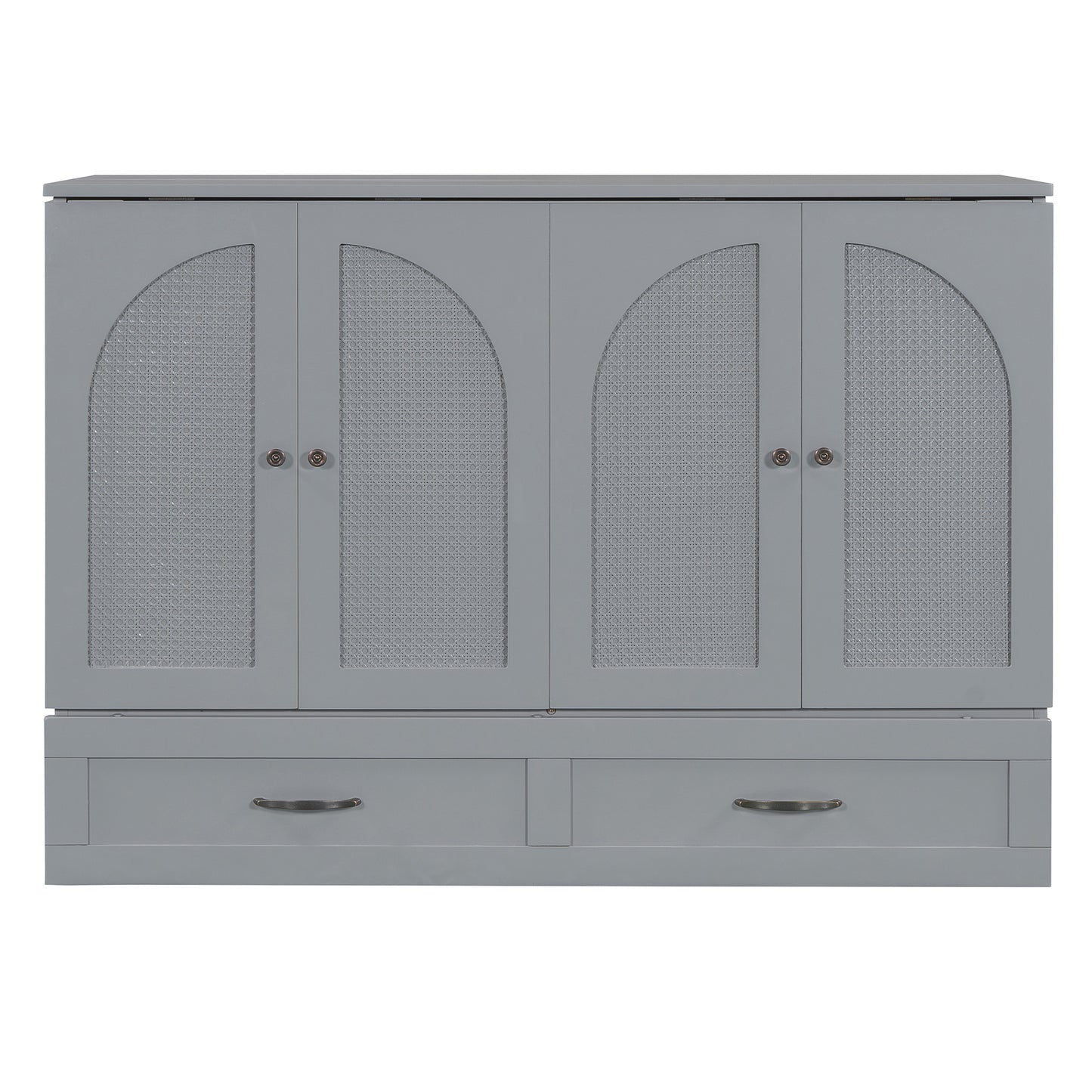 Gray caneinlay cabinet with arched doors and two drawers