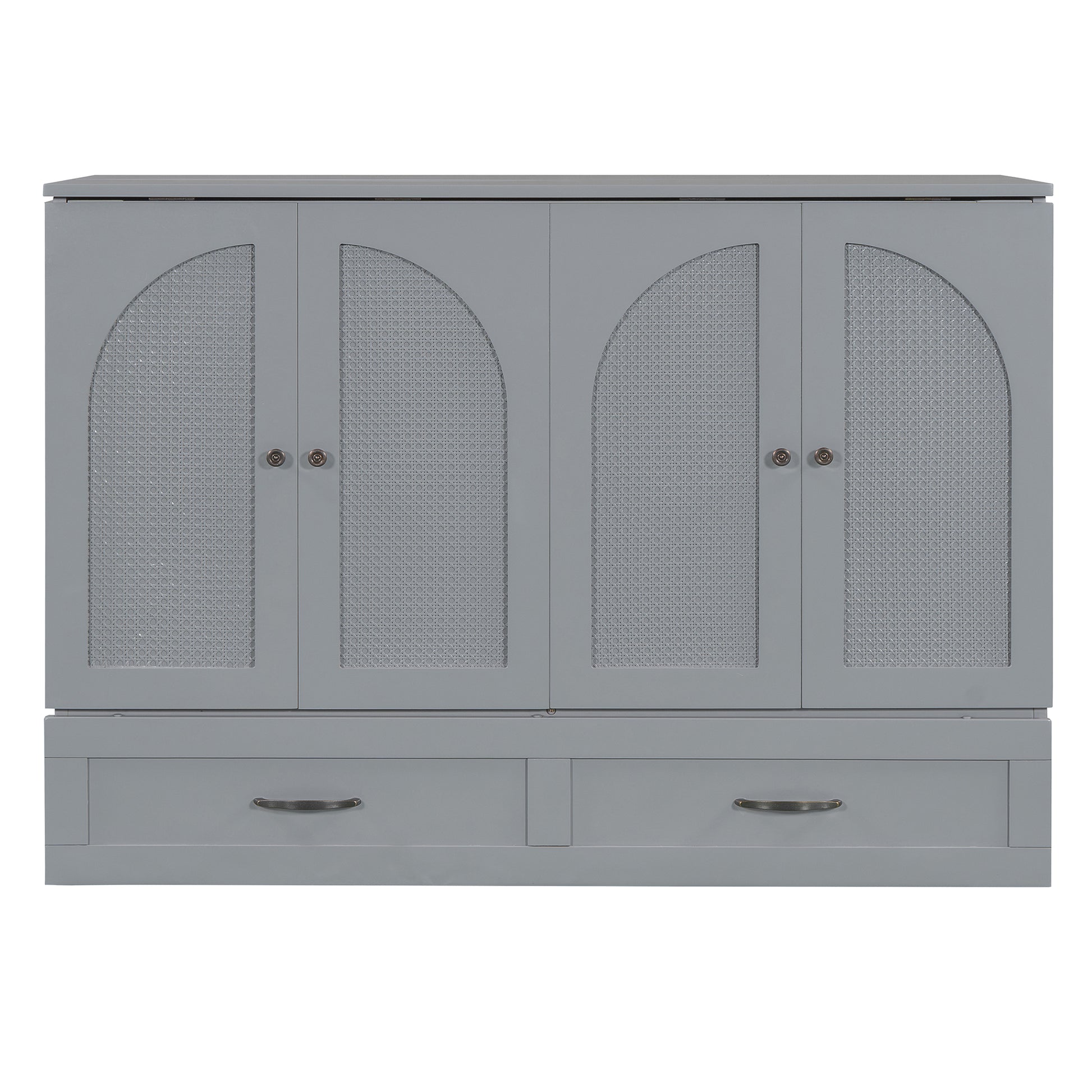 Gray caneinlay cabinet with arched doors and two drawers