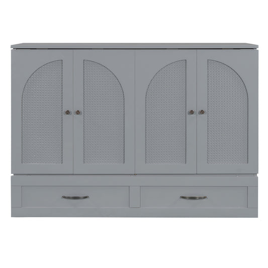 Gray caneinlay cabinet with arched doors and two drawers