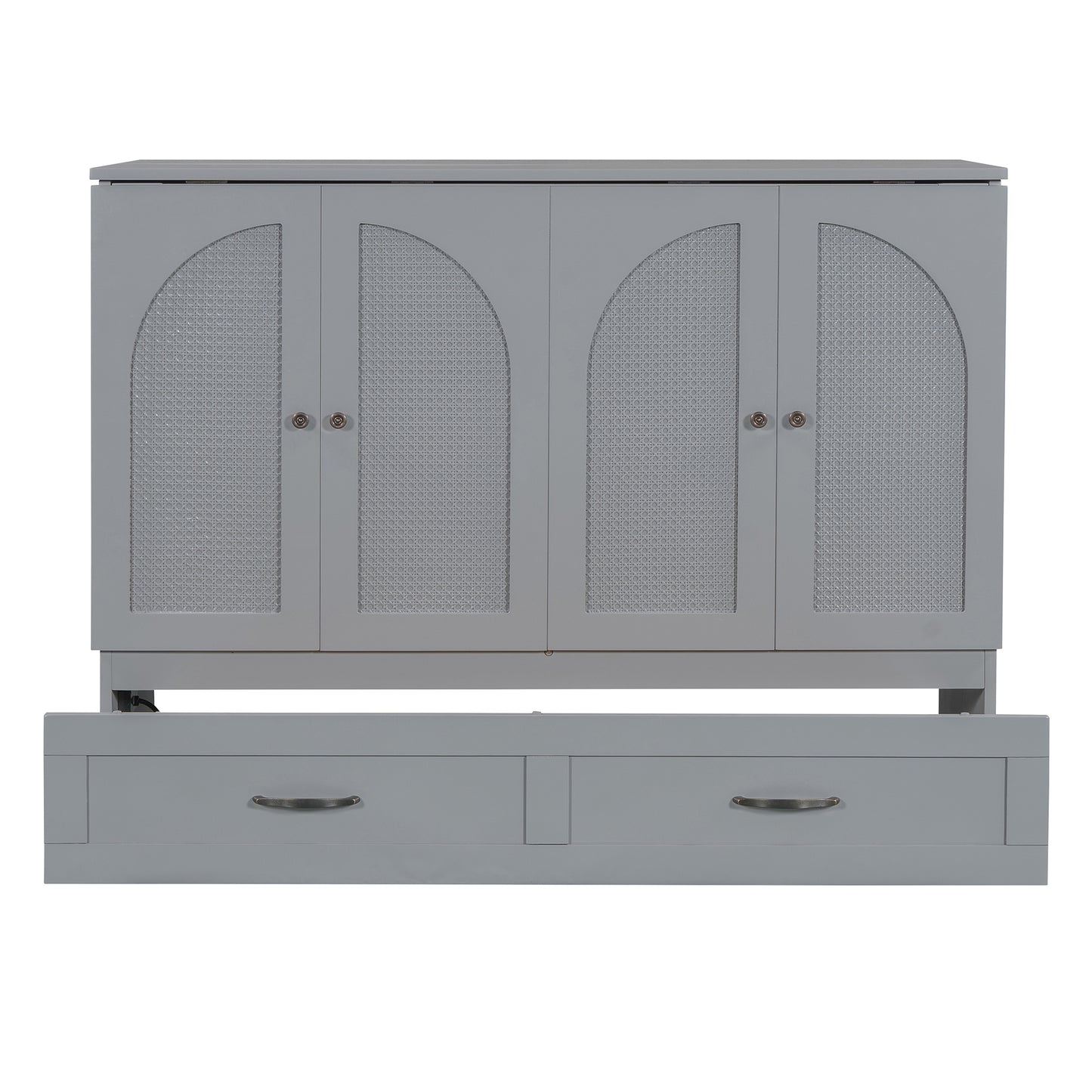 Gray cabinet with cane inlay doors and two drawers