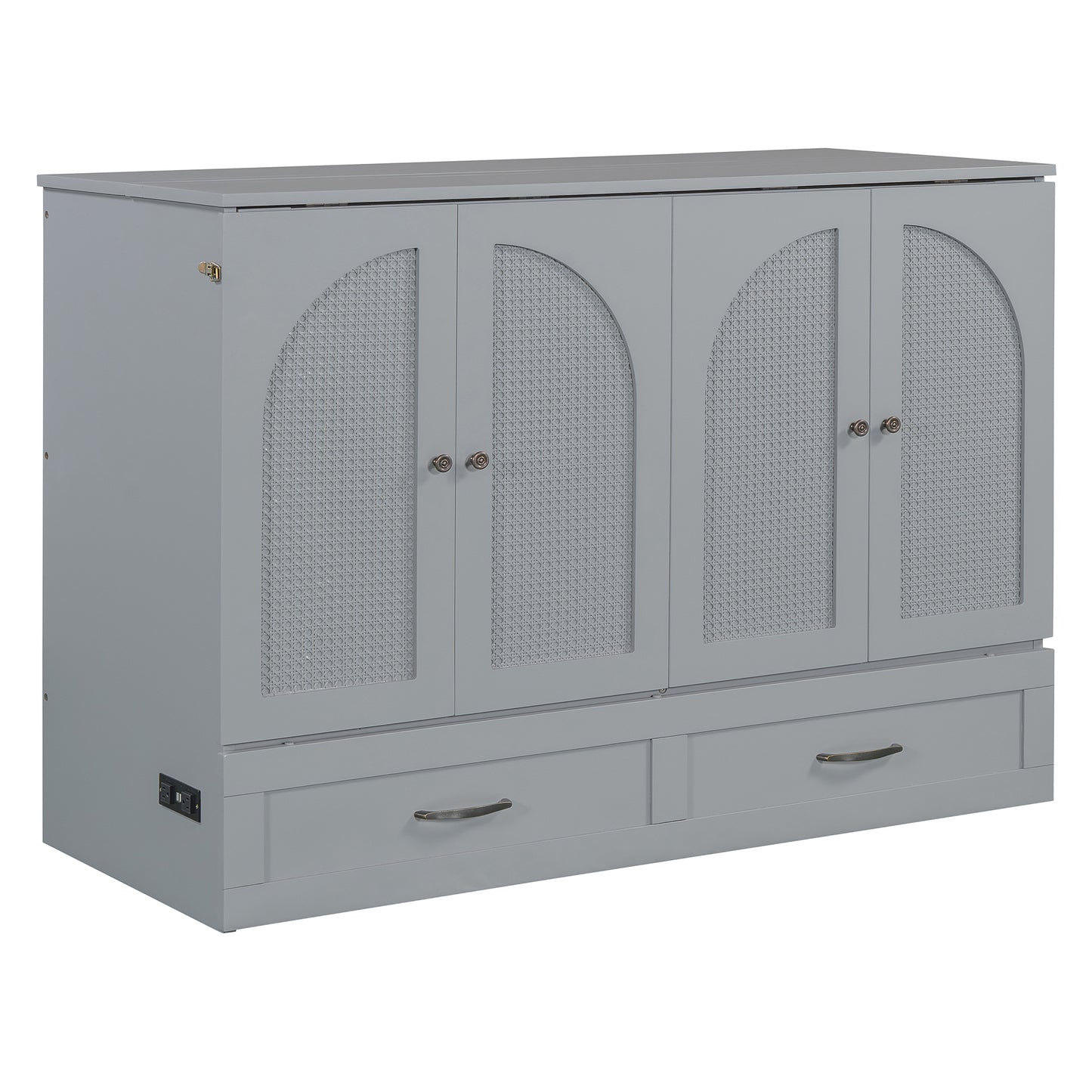 Gray cabinet with four arched doors featuring cane webbing and two bottom drawers