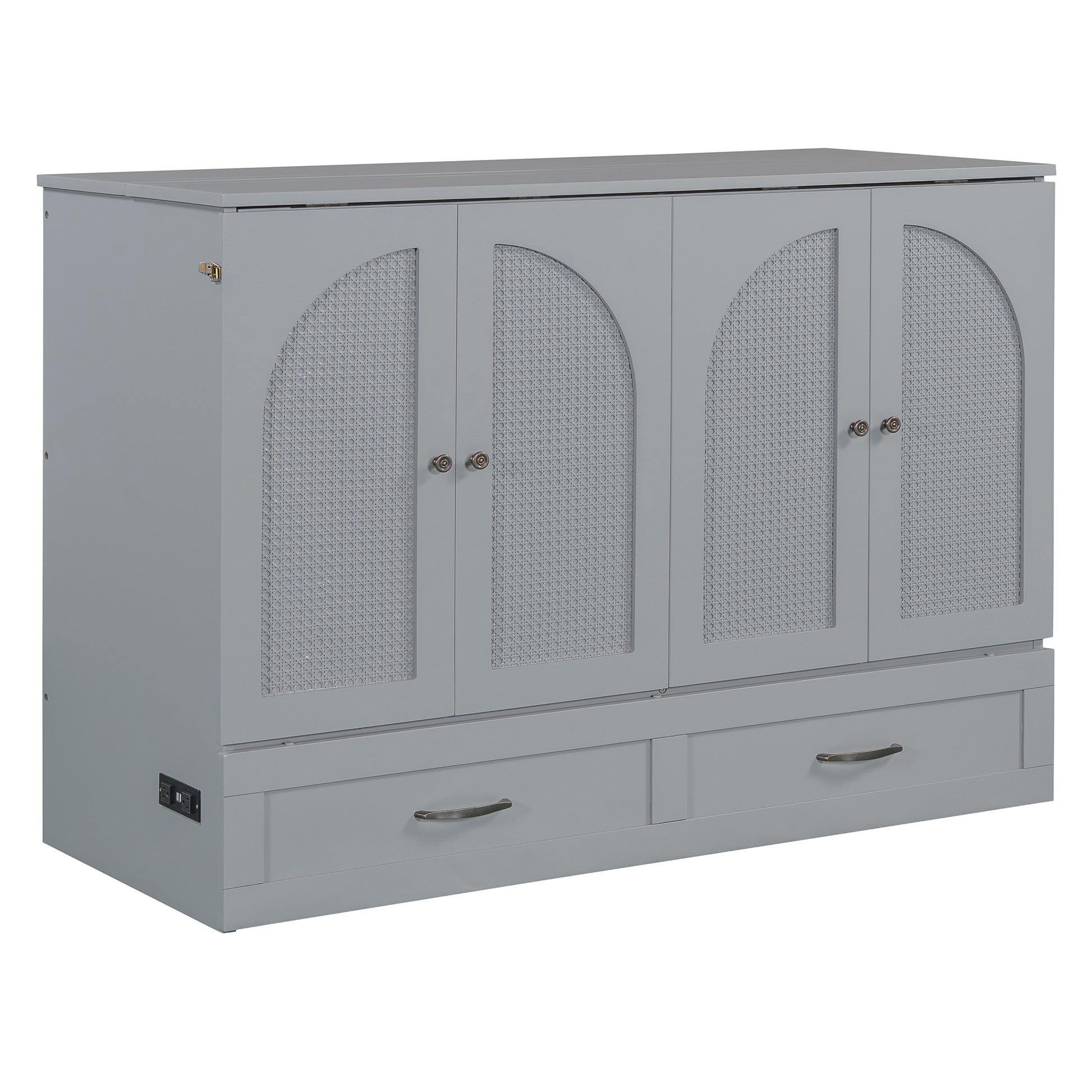 Gray cabinet with four arched doors featuring cane webbing and two bottom drawers