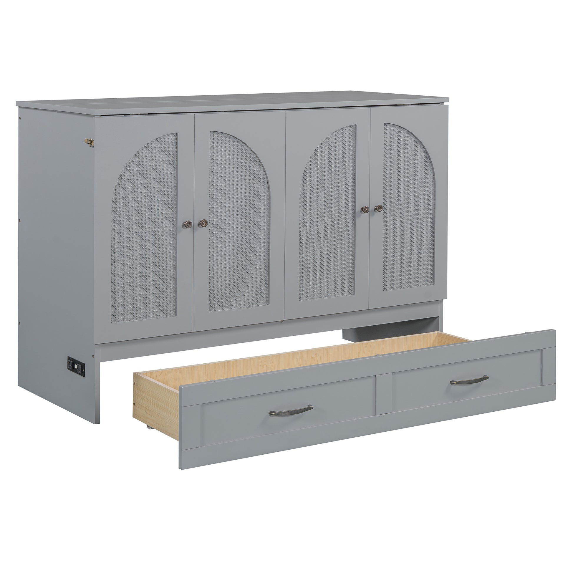Grey wood dresser with woven cane arch doors and two pullout drawers