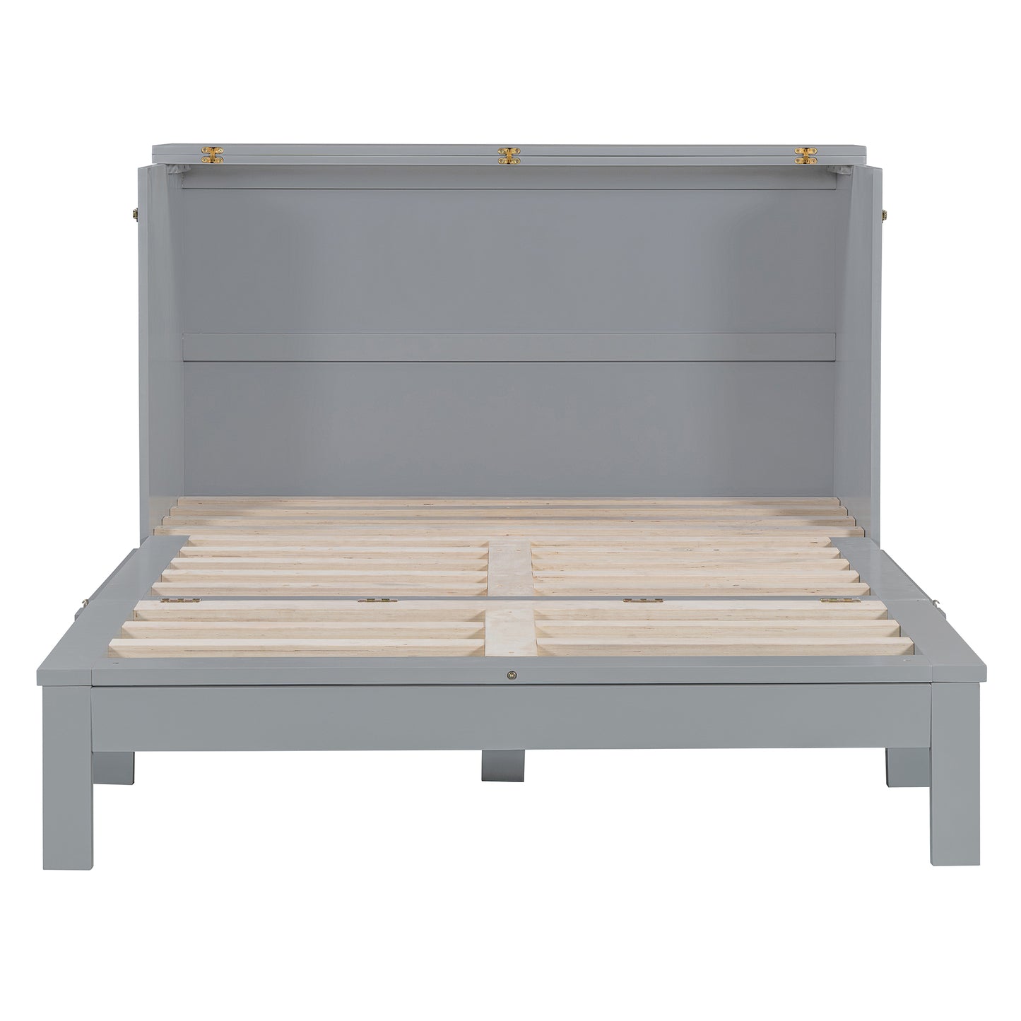Gray wooden platform bed frame with slatted base and hidden storage