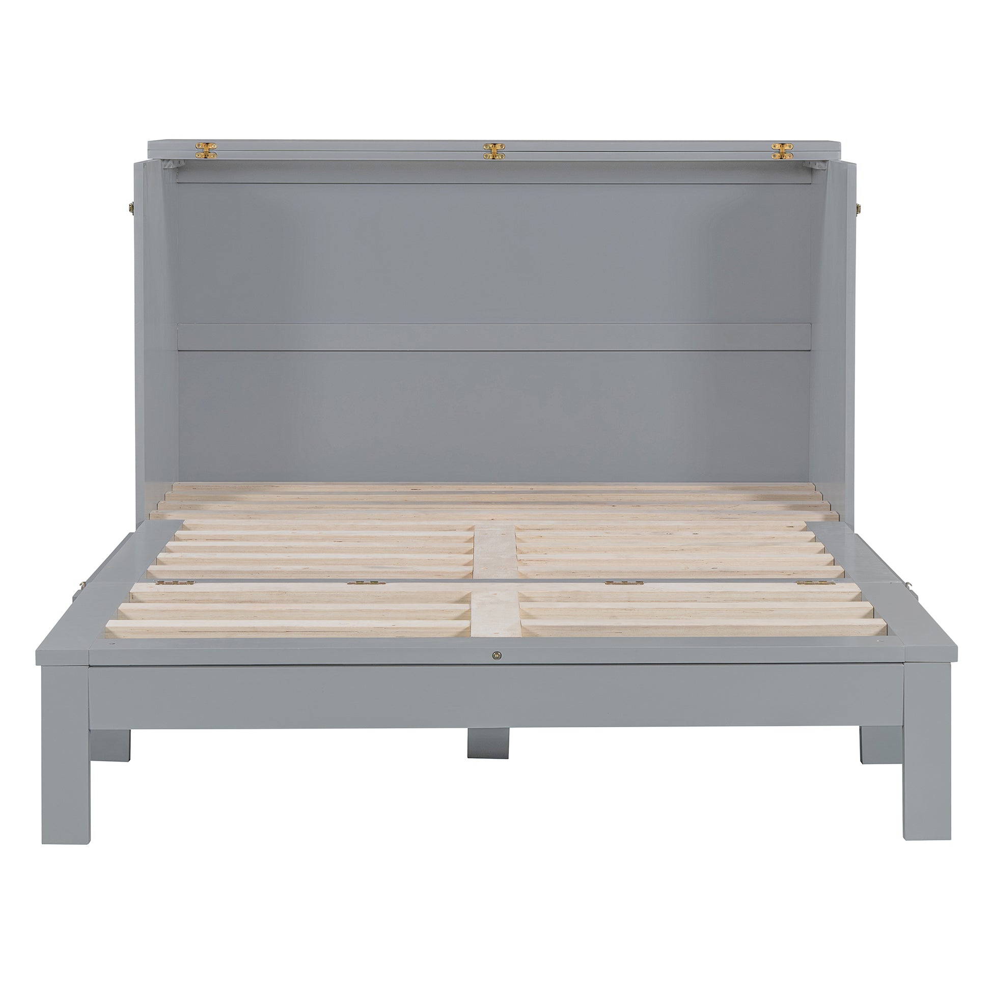 Gray wooden platform bed frame with slatted base and hidden storage