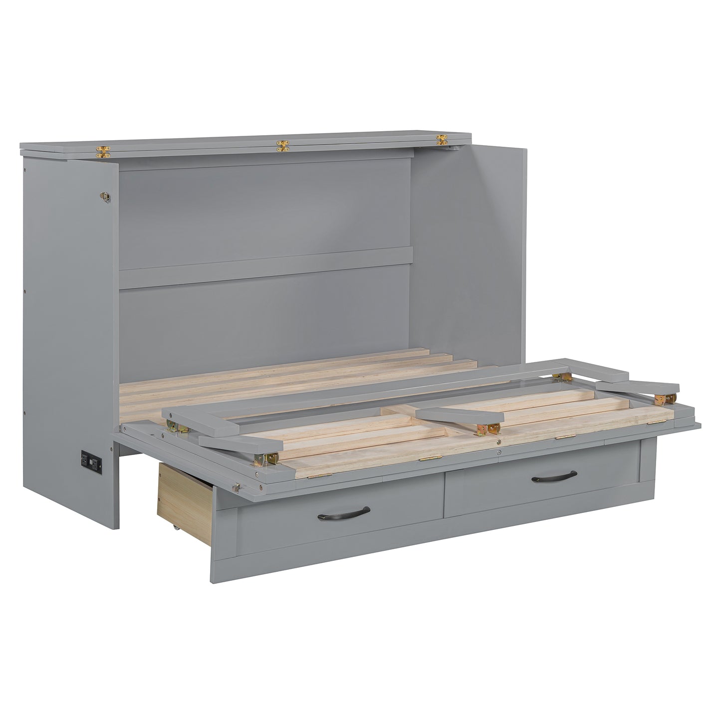 Gray murphy bed with slatted mattress support in open position