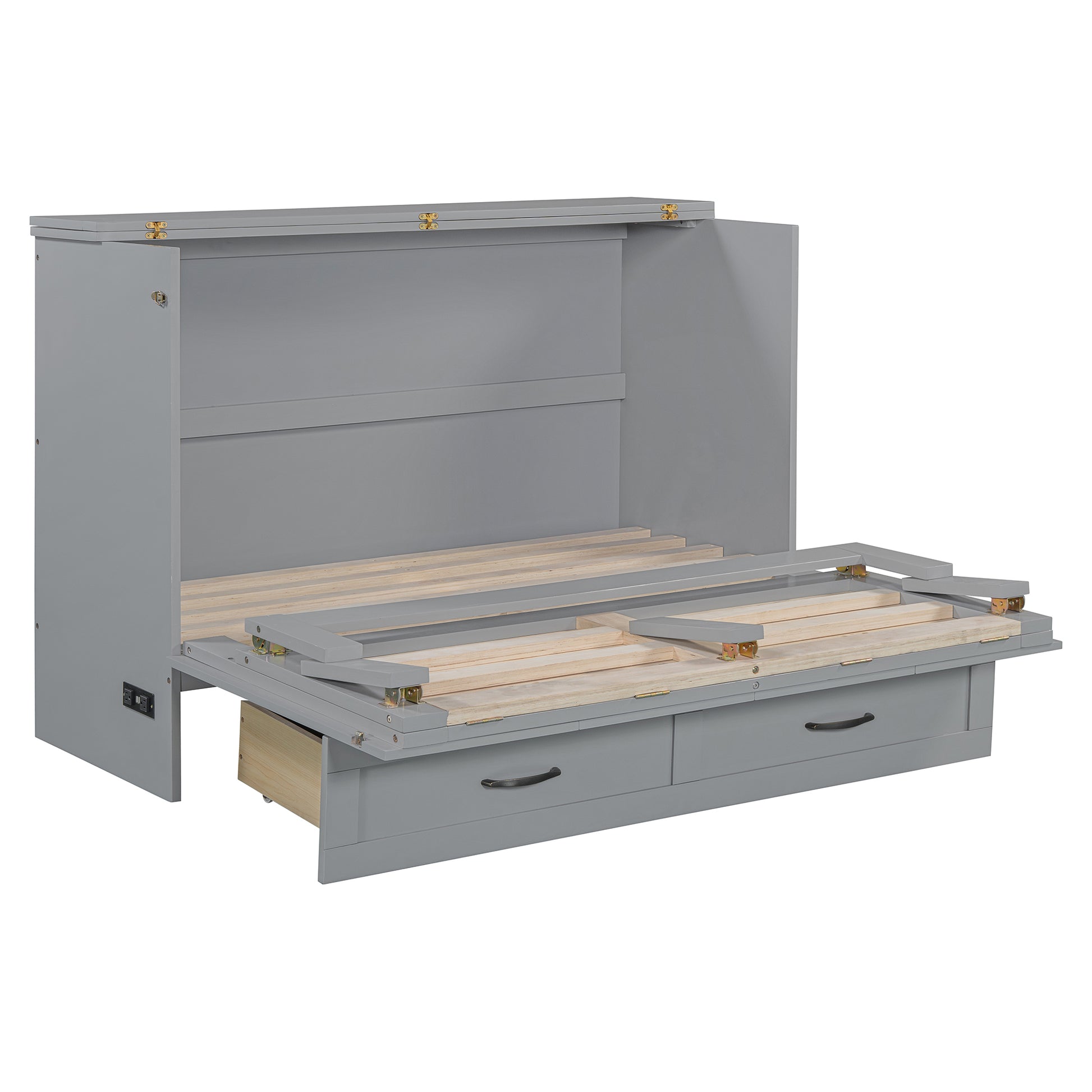 Gray murphy bed with slatted mattress support in open position