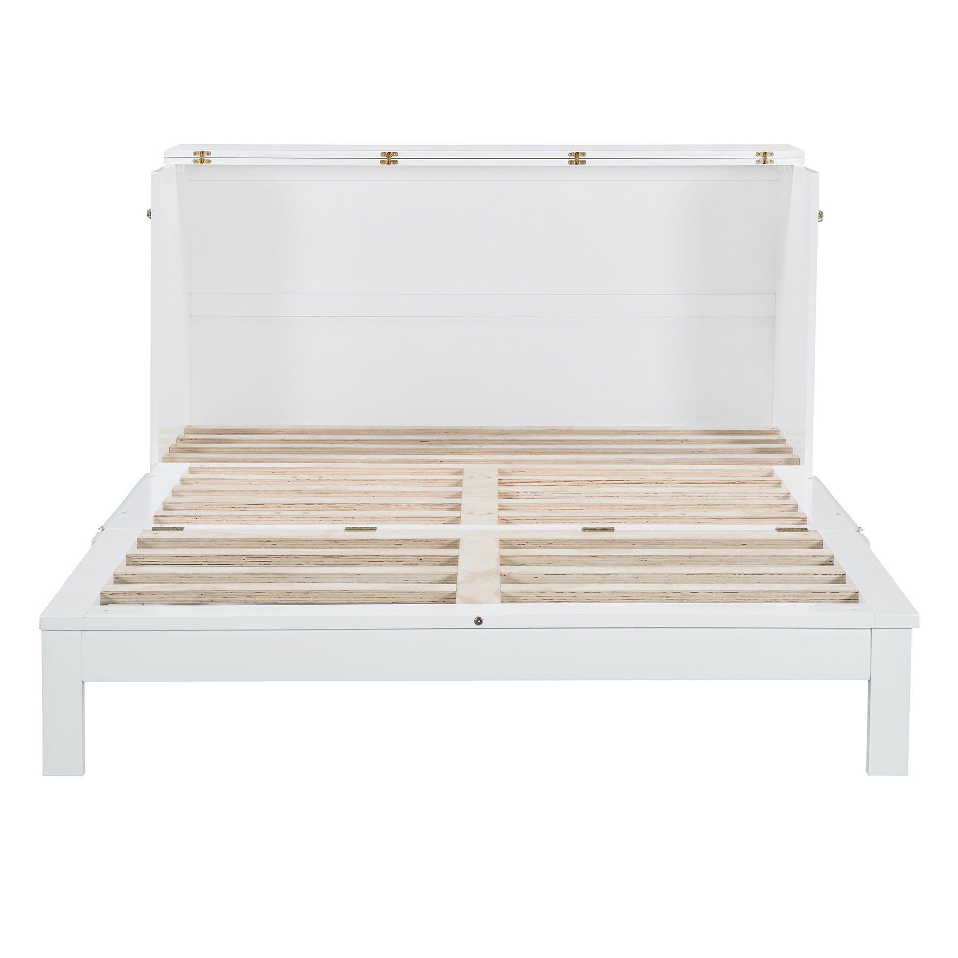 White wooden platform bed frame with hinged headboard