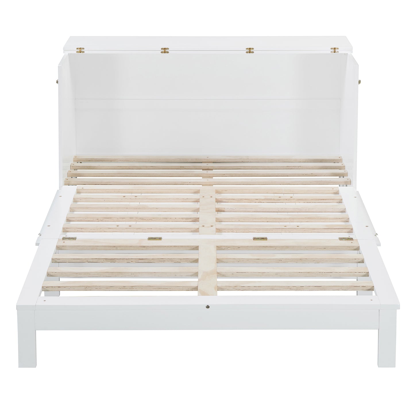 White wooden platform bed frame with open storage