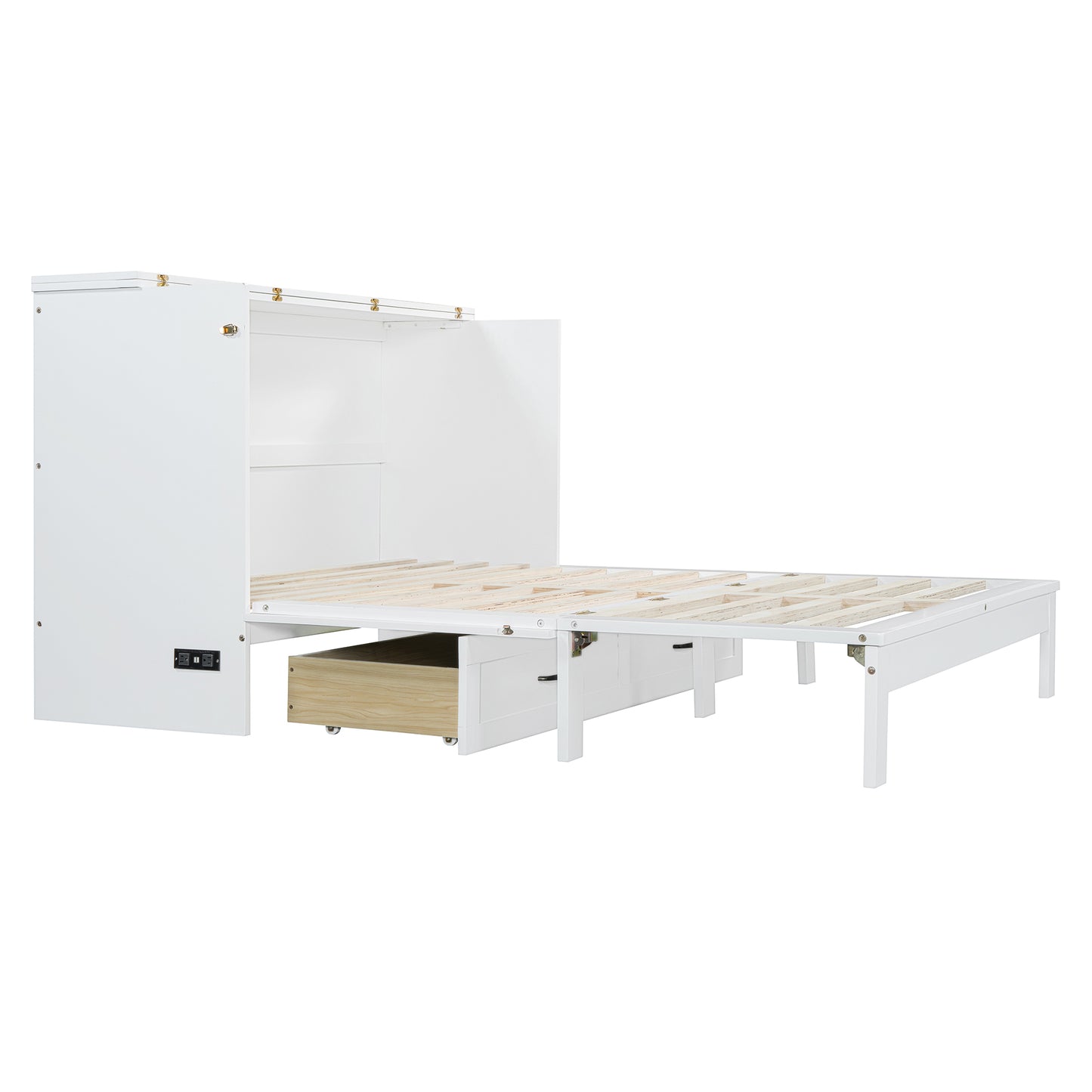 White Murphy bed frame with integrated pullout drawer and charging ports