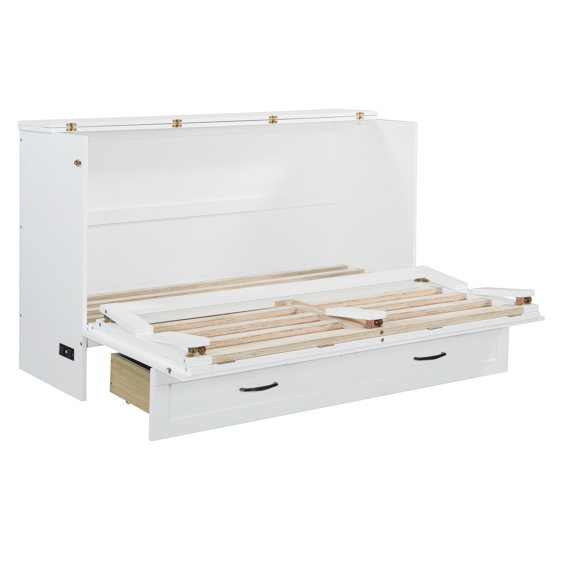 White Murphy bed frame partially extended with wooden slats and two drawers