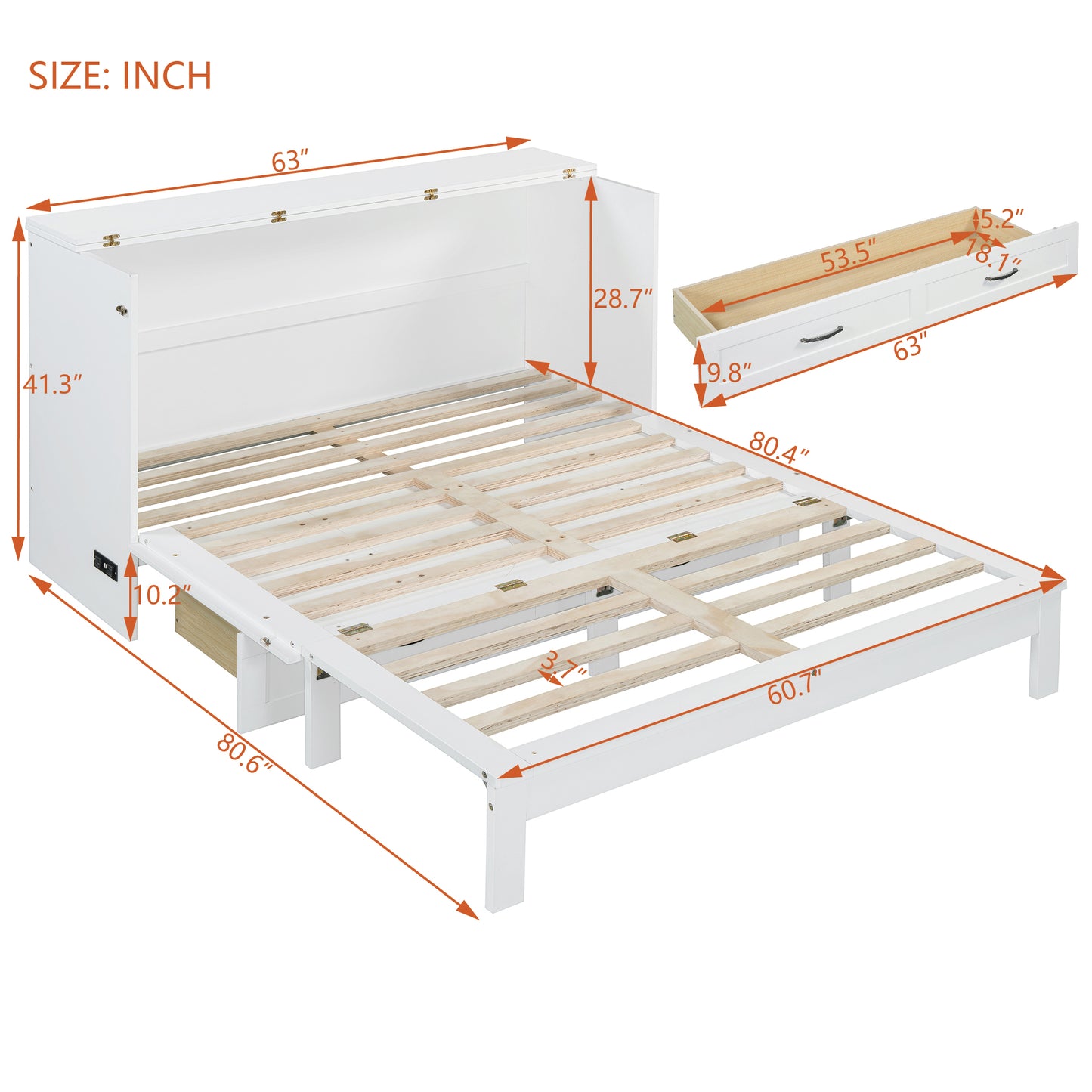 White queen storage bed frame with dimensions shown