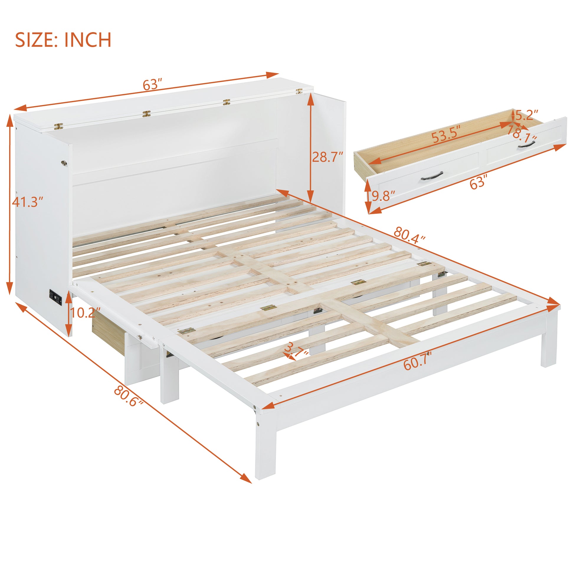White queen storage bed frame with dimensions shown