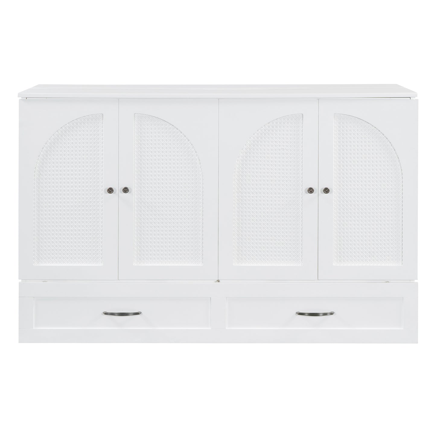White cane woven cabinet with arched doors and two drawers