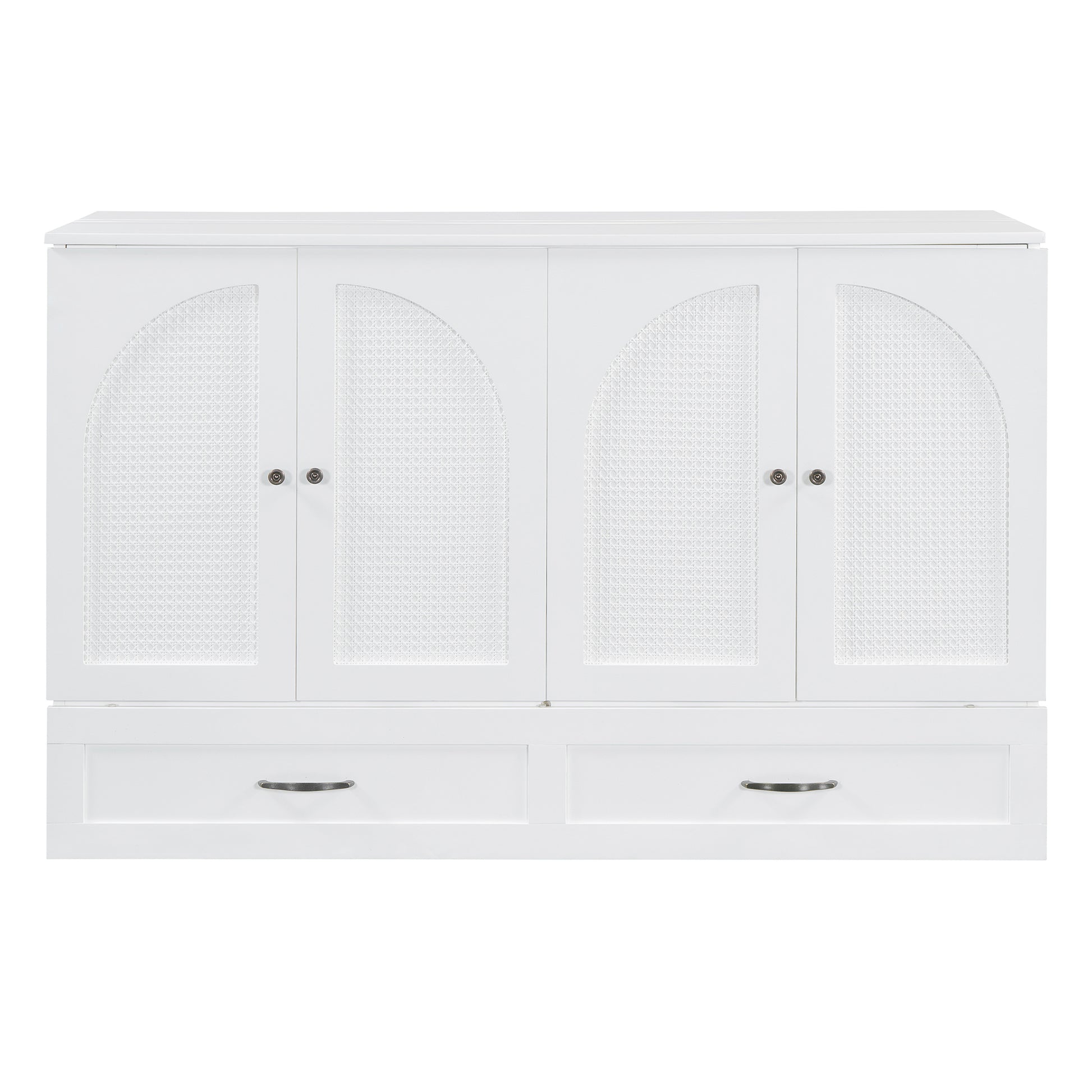 White cane woven cabinet with arched doors and two drawers